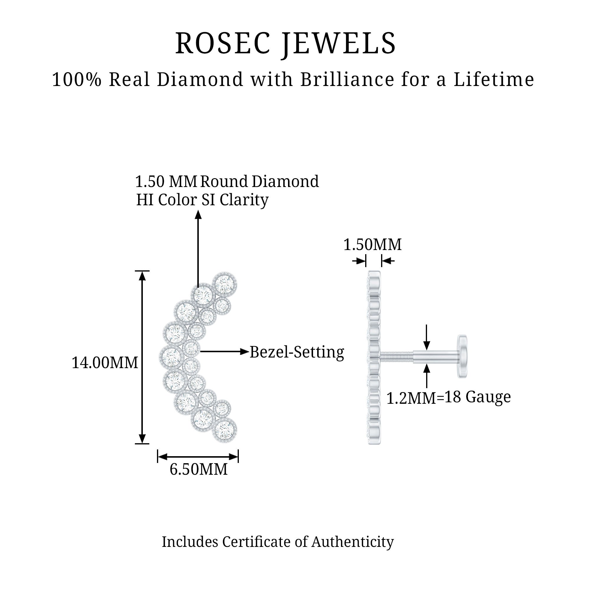 Diamond Curved Crawler Earring in Bezel Set Natural - ( HI-SI ) - Rosec Jewels