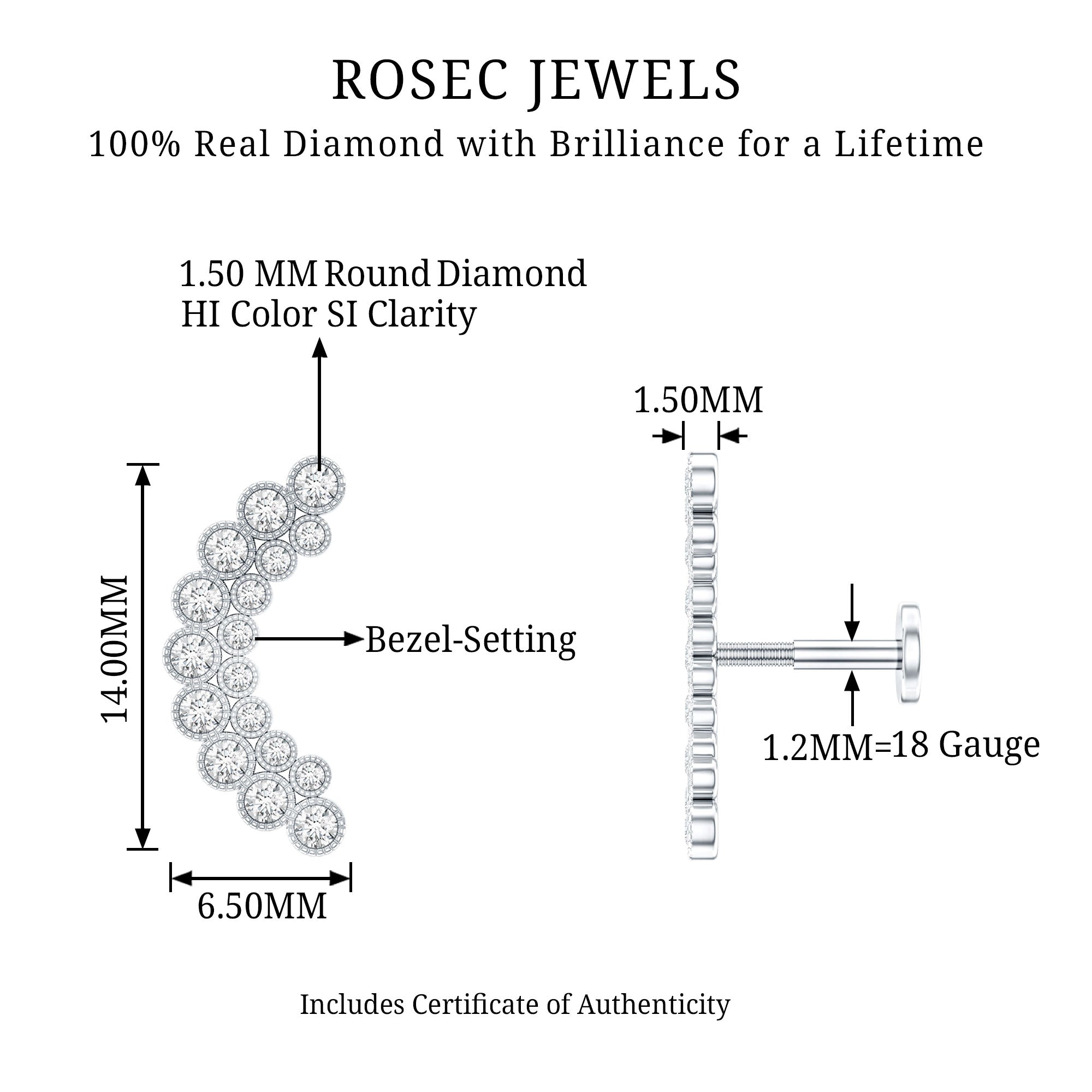 Diamond Curved Crawler Earring in Bezel Set Natural - ( HI-SI ) - Rosec Jewels