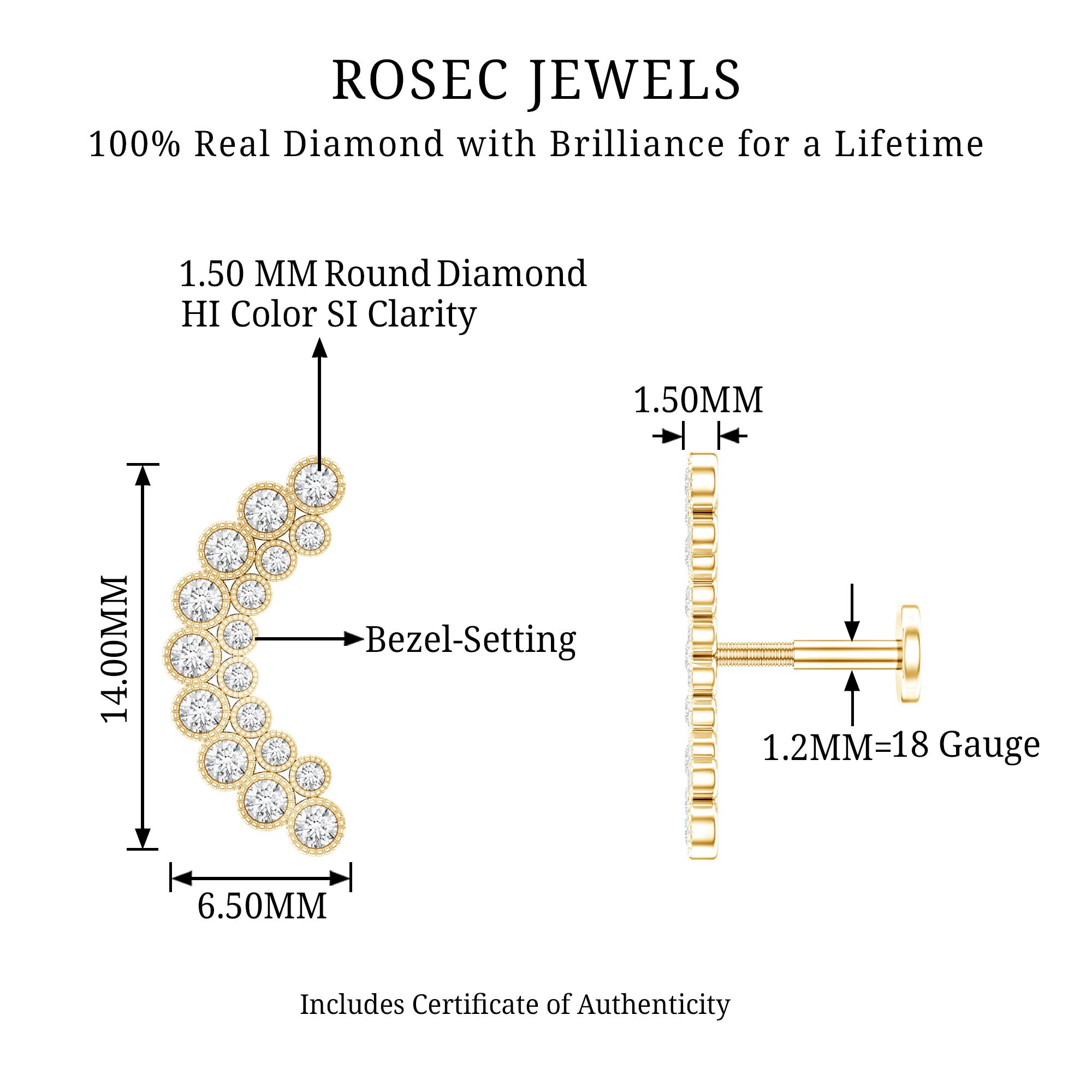 Diamond Curved Crawler Earring in Bezel Set Natural - ( HI-SI ) - Rosec Jewels