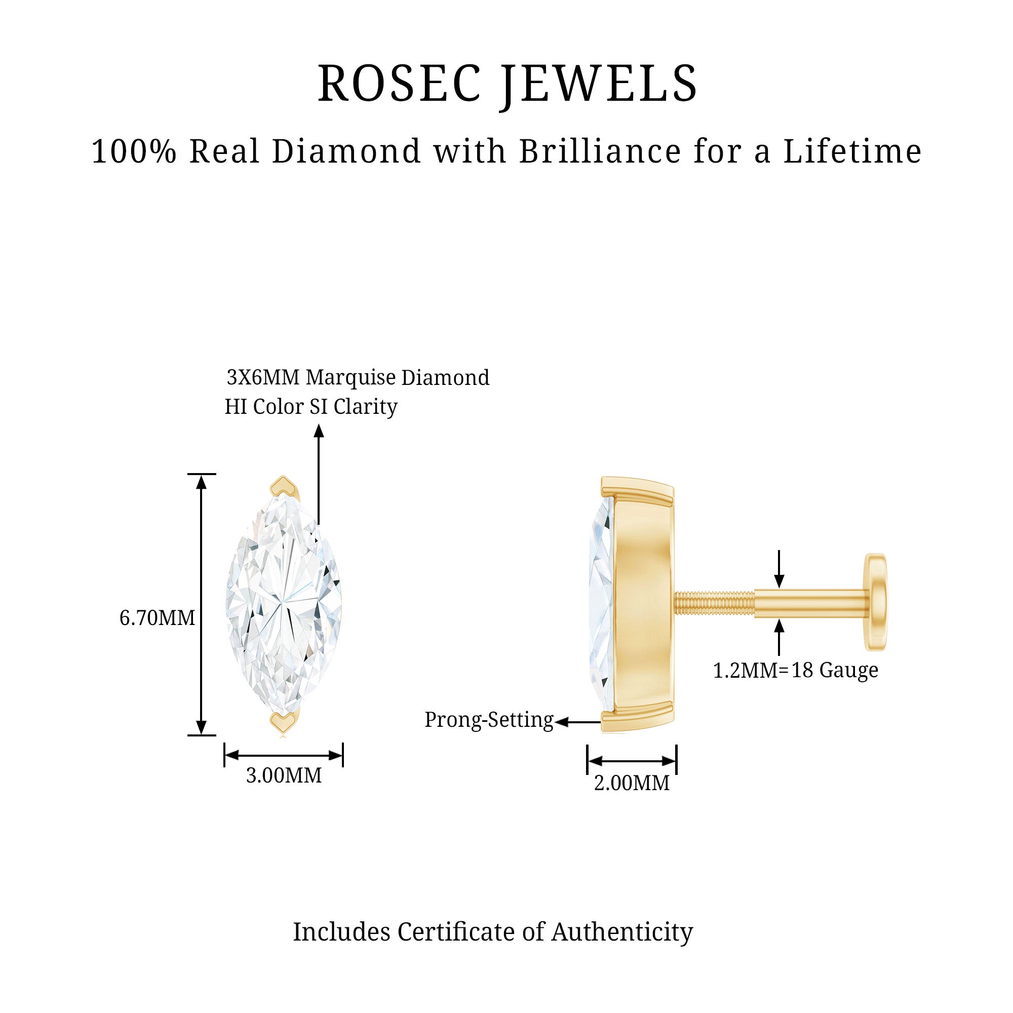 Marquise Diamond Solitaire Earring for Helix Piercing Natural - ( HI-SI ) - Rosec Jewels