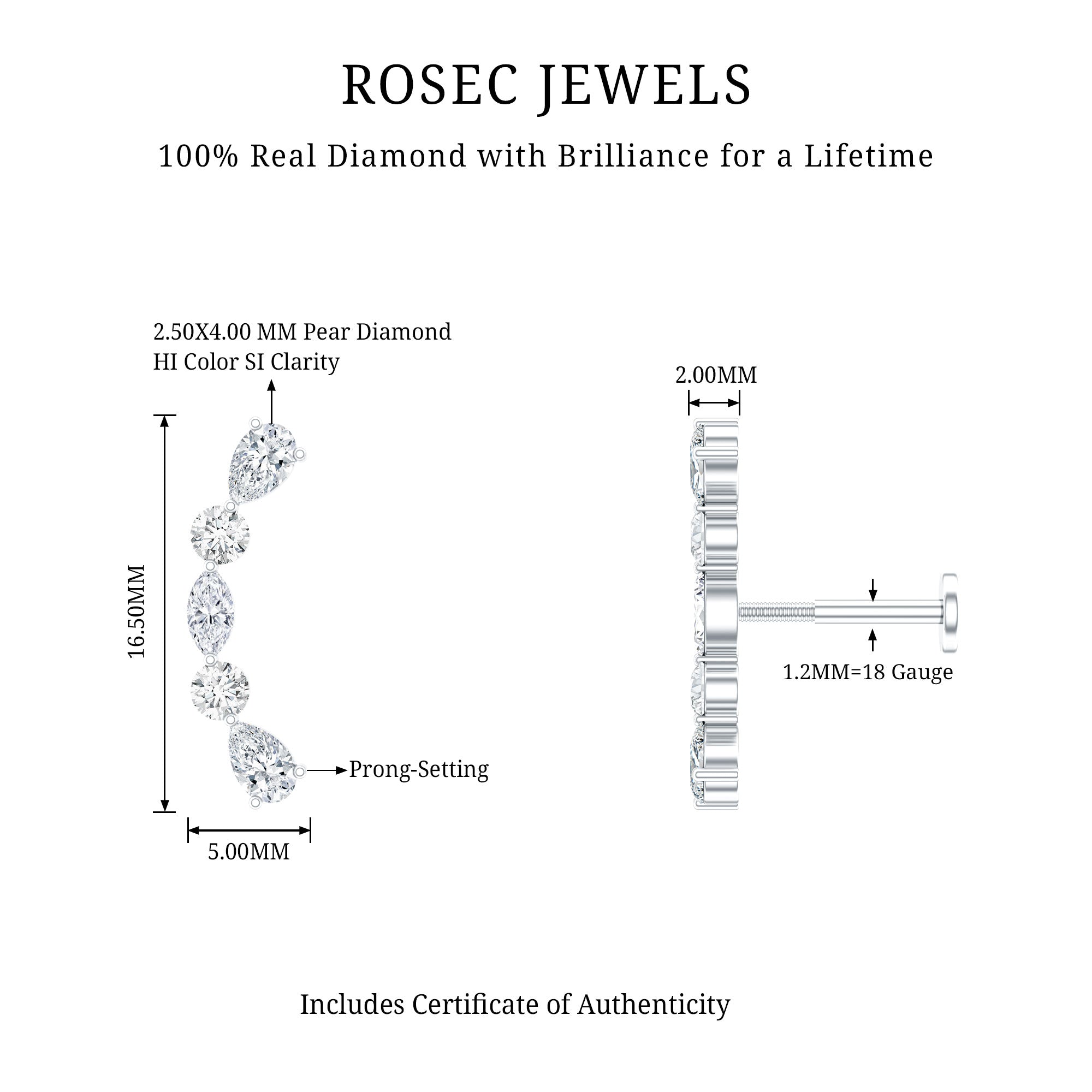 Simple Diamond Curved Crawler Earring for Helix Piercing Natural - ( HI-SI ) - Rosec Jewels