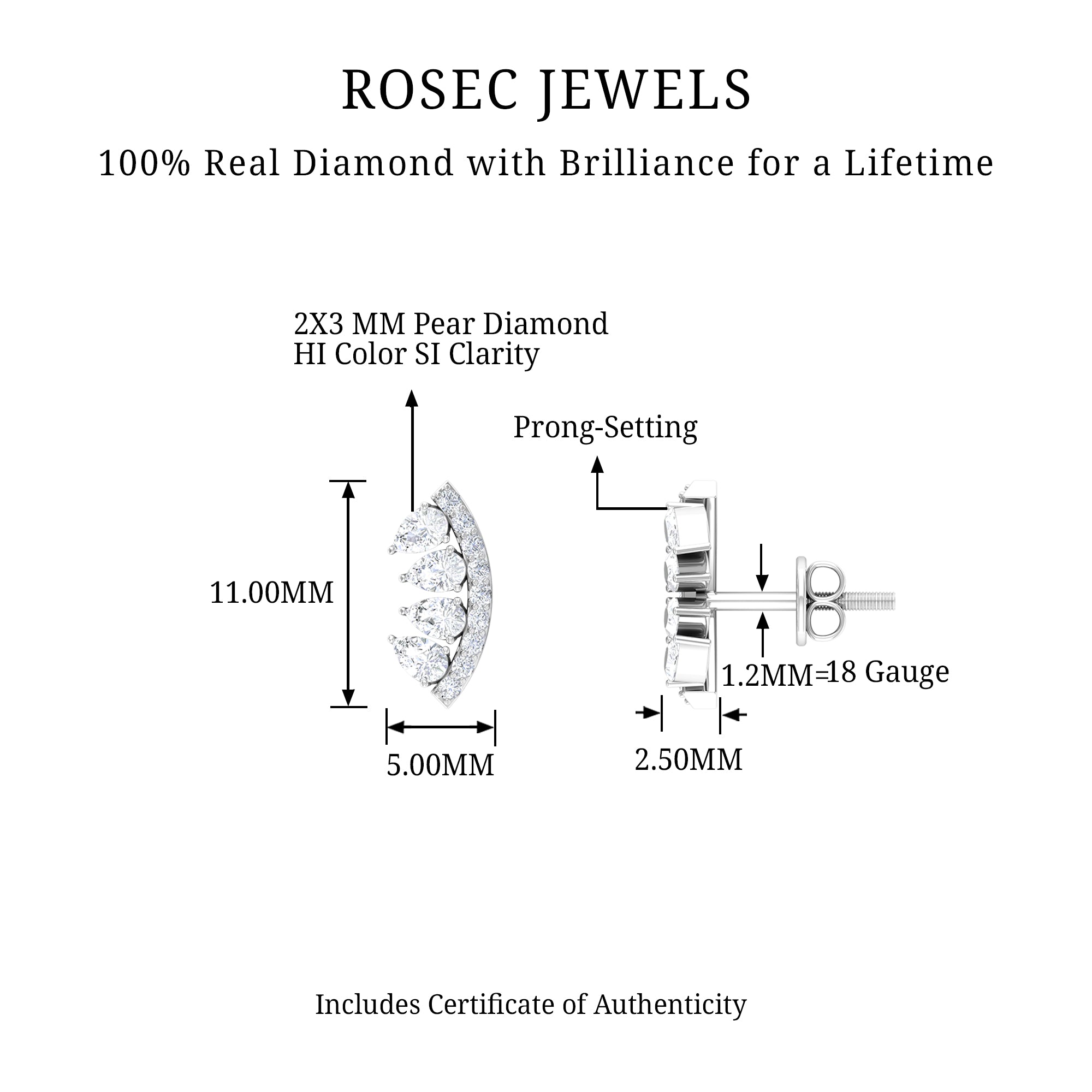 Natural Diamond Curved Cartilage Earring with Flat Back Natural - ( HI-SI ) - Rosec Jewels