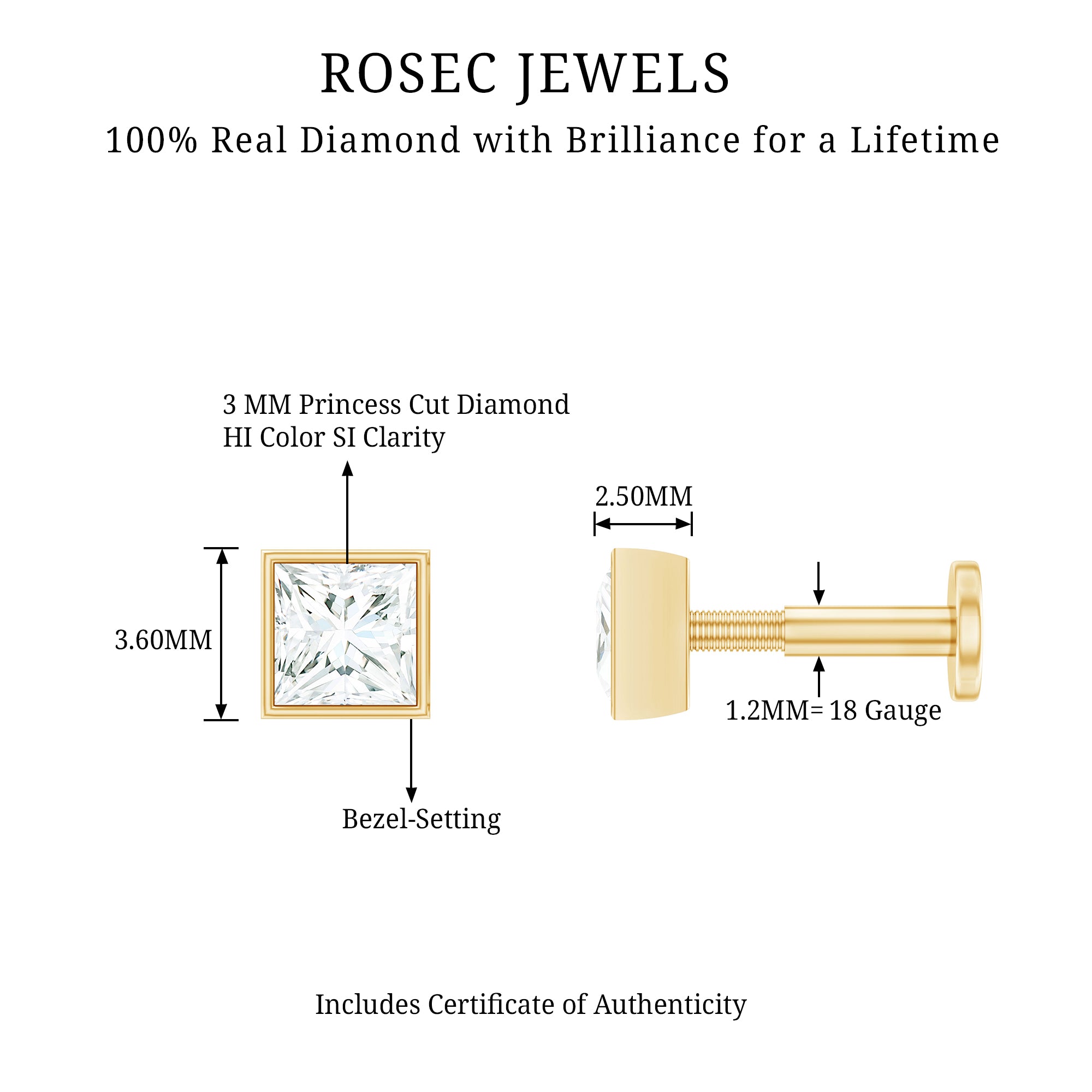 Princess Cut Diamond Conch Earring in Bezel Setting Natural - ( HI-SI ) - Rosec Jewels