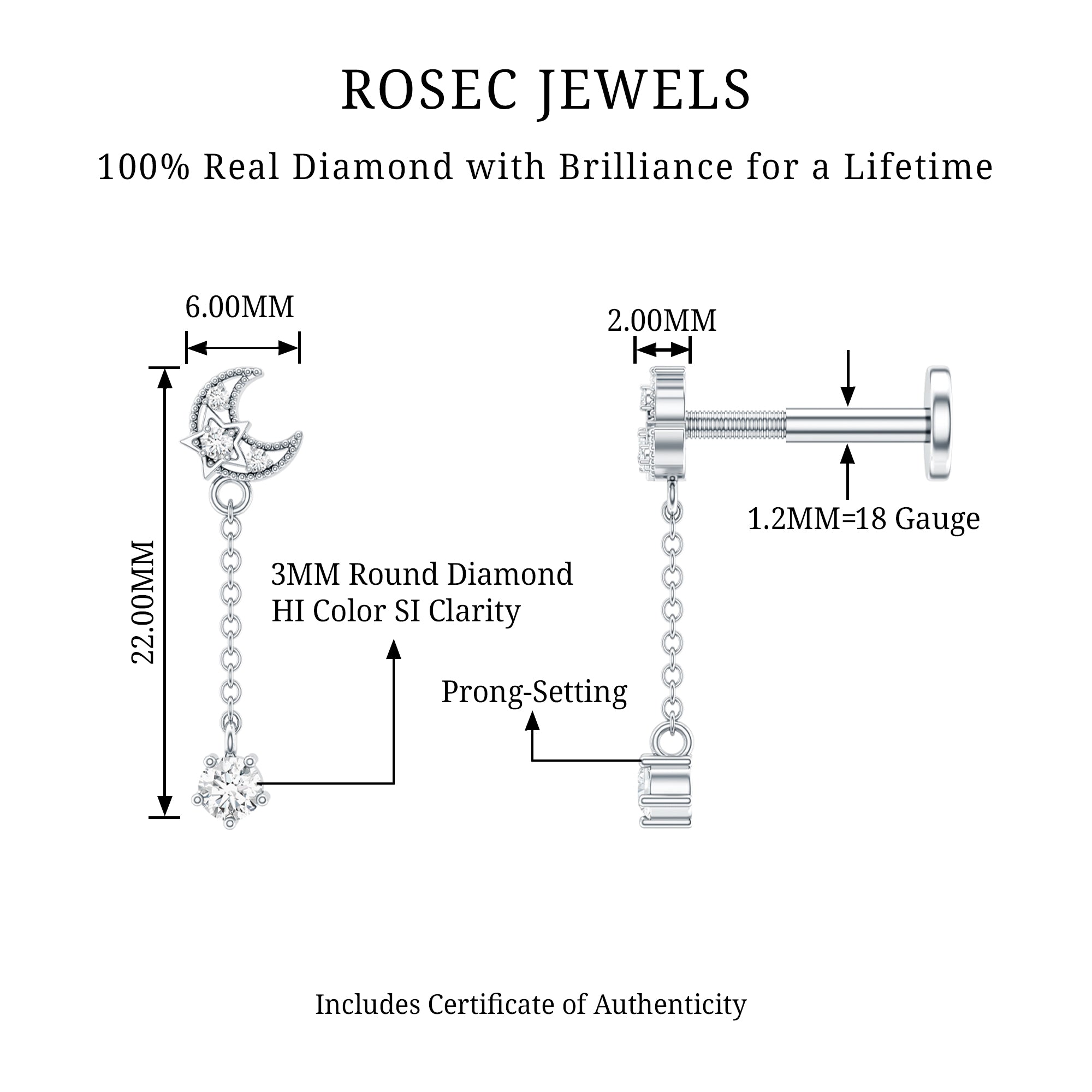 Diamond Moon Chain Earring for Helix Piercing Natural - ( HI-SI ) - Rosec Jewels