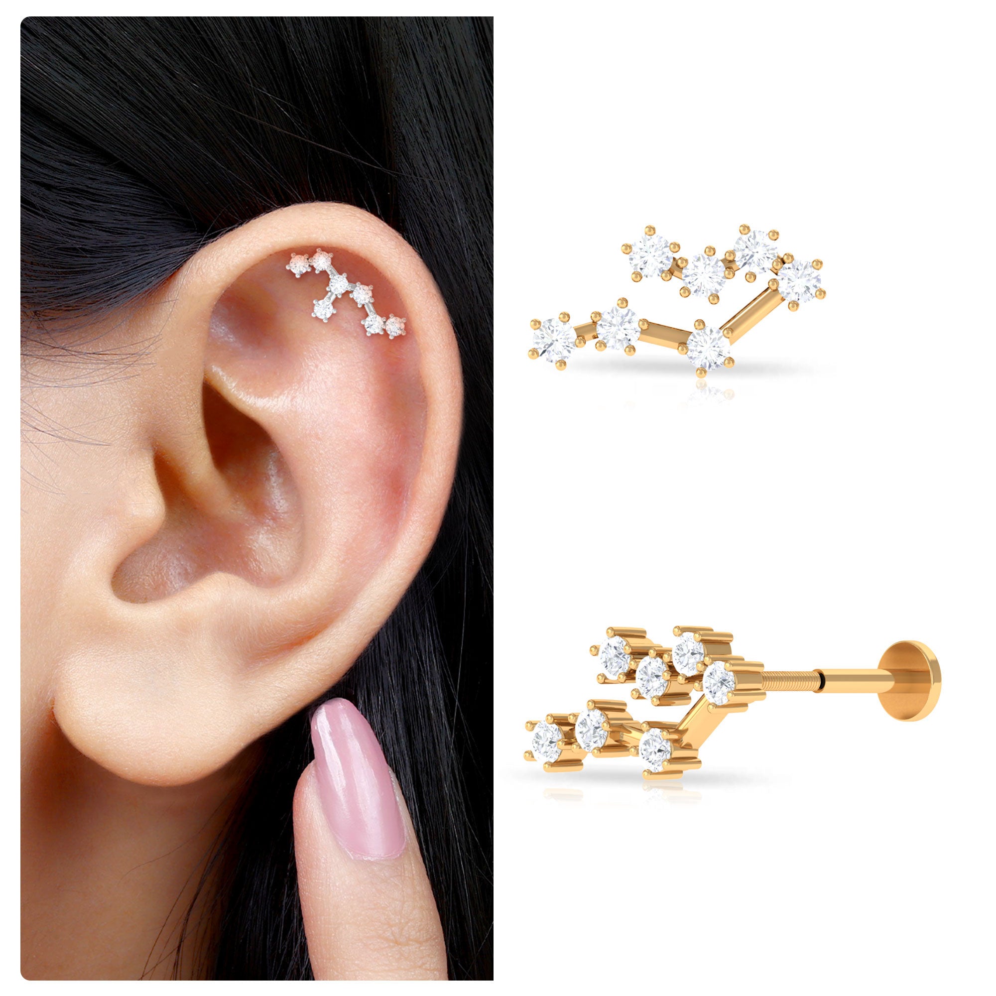 Diamond Leo Constellation Crawler Earring for Helix Piercing Natural - ( HI-SI ) - Rosec Jewels