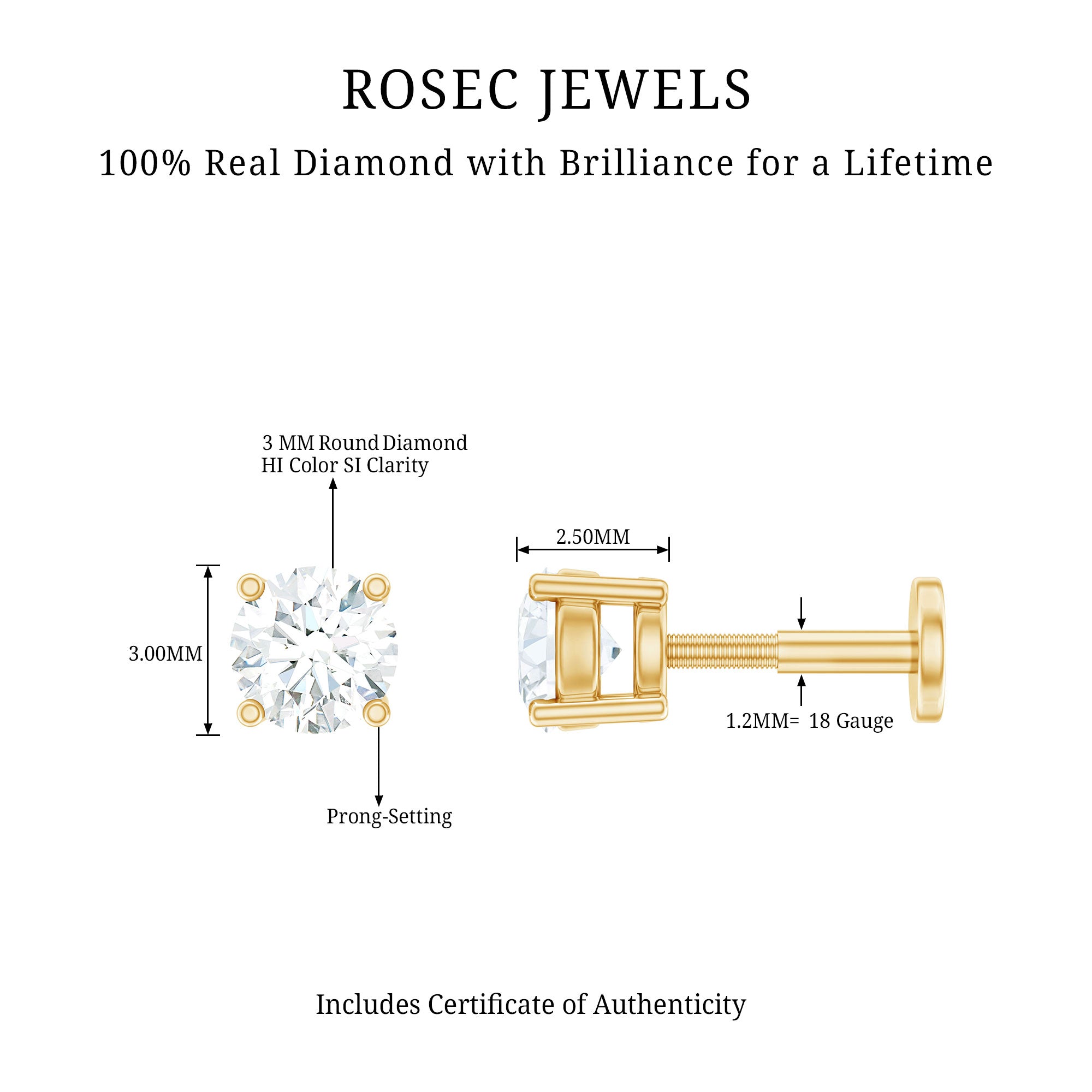 Minimalist Diamond Solitaire Earring for Tragus Piercing Natural - ( HI-SI ) - Rosec Jewels