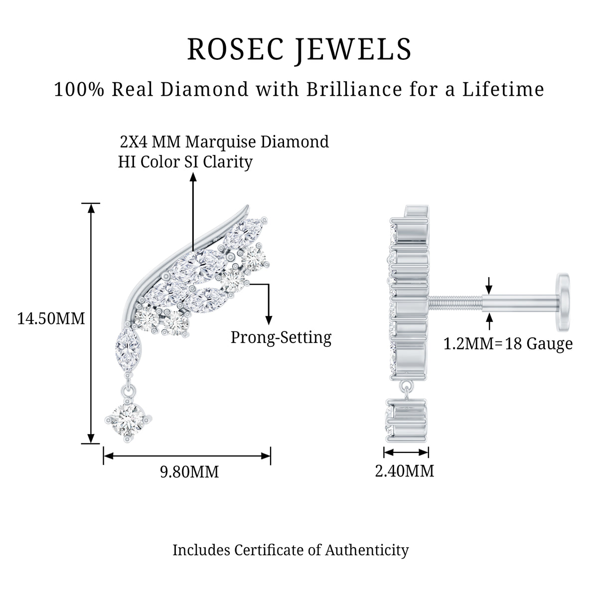 Brilliant Cut Diamond Wing Helix Drop Earring with Flat Back Natural - ( HI-SI ) - Rosec Jewels