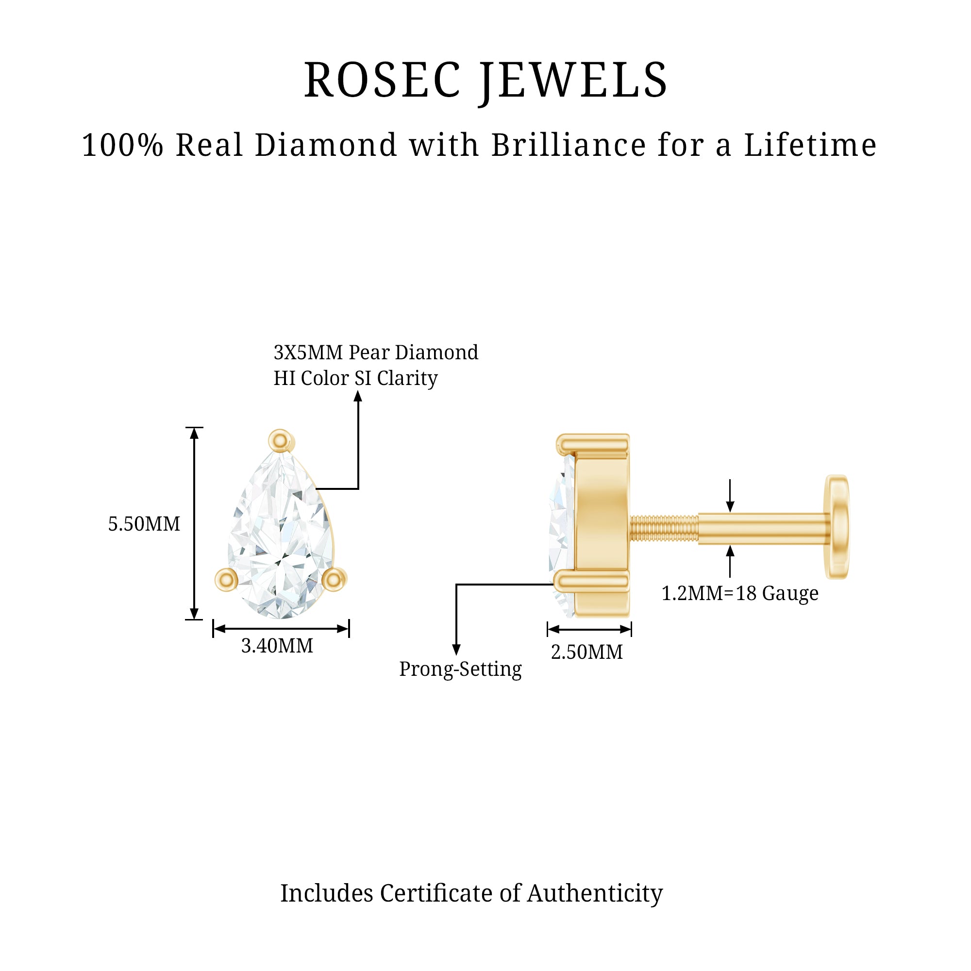 Solitaire Pear Shape Diamond Earring for Tragus Piercing Natural - ( HI-SI ) - Rosec Jewels