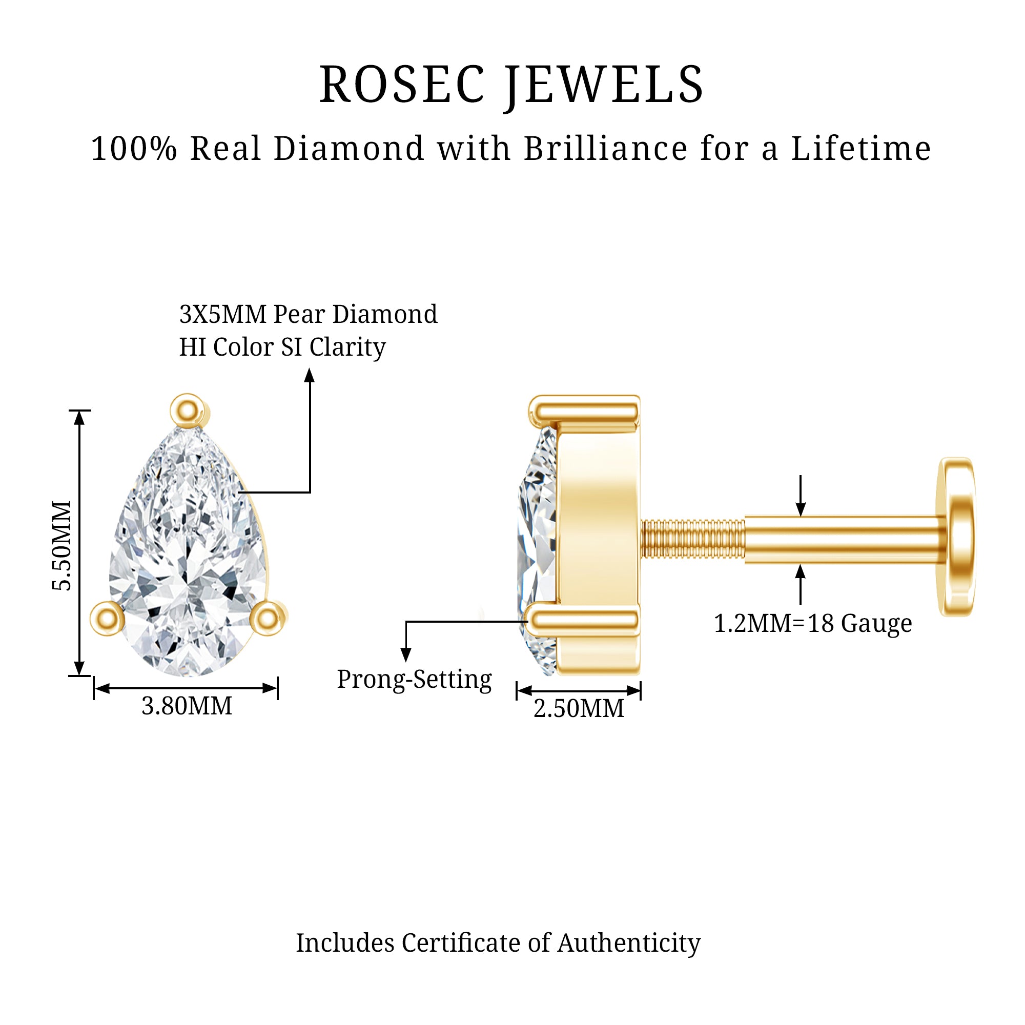 Solitaire Pear Shape Diamond Earring for Tragus Piercing Natural - ( HI-SI ) - Rosec Jewels