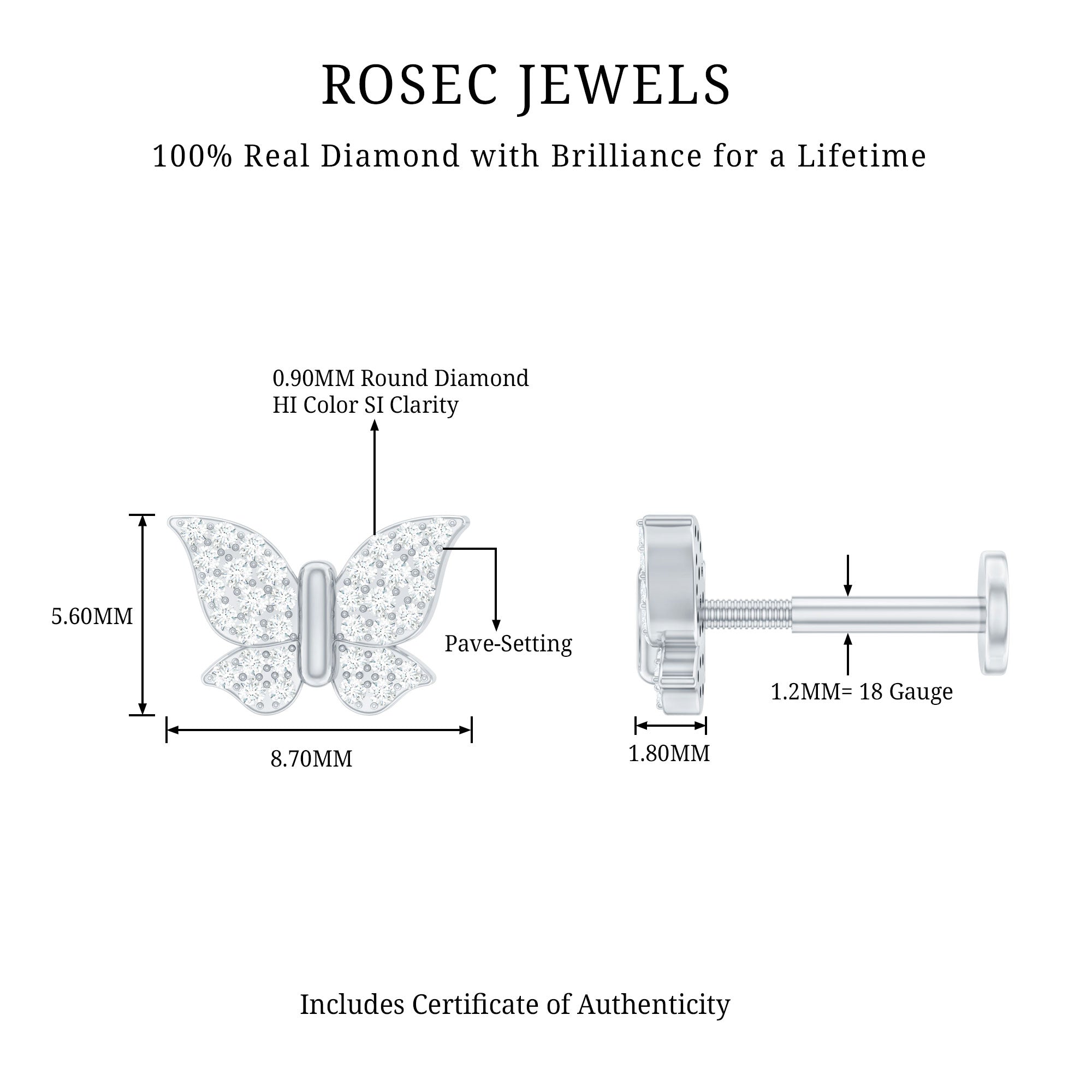Certified Diamond Butterfly Cartilage Earring Natural - ( HI-SI ) - Rosec Jewels