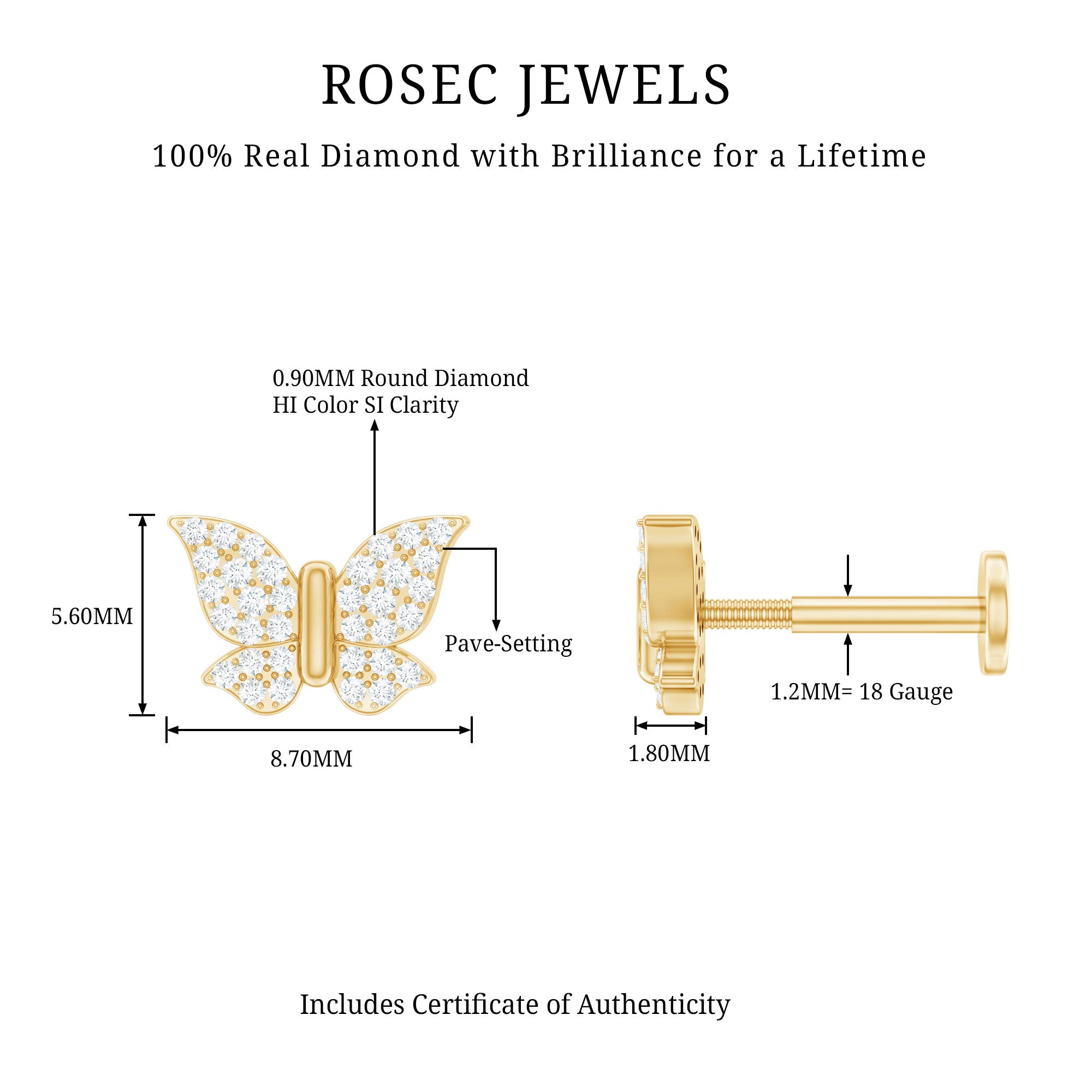 Certified Diamond Butterfly Cartilage Earring Natural - ( HI-SI ) - Rosec Jewels
