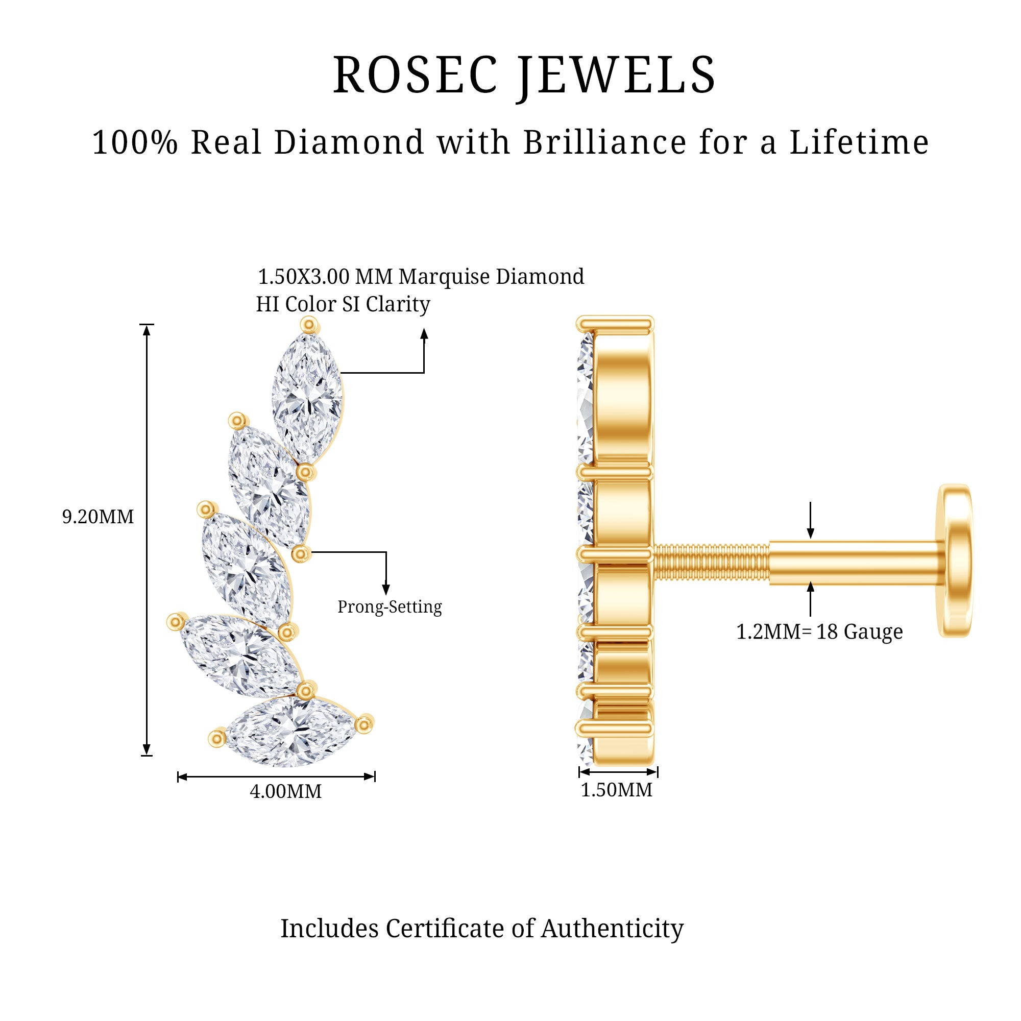 Marquise Diamond Crawler Earring for Helix Piercing Natural - ( HI-SI ) - Rosec Jewels