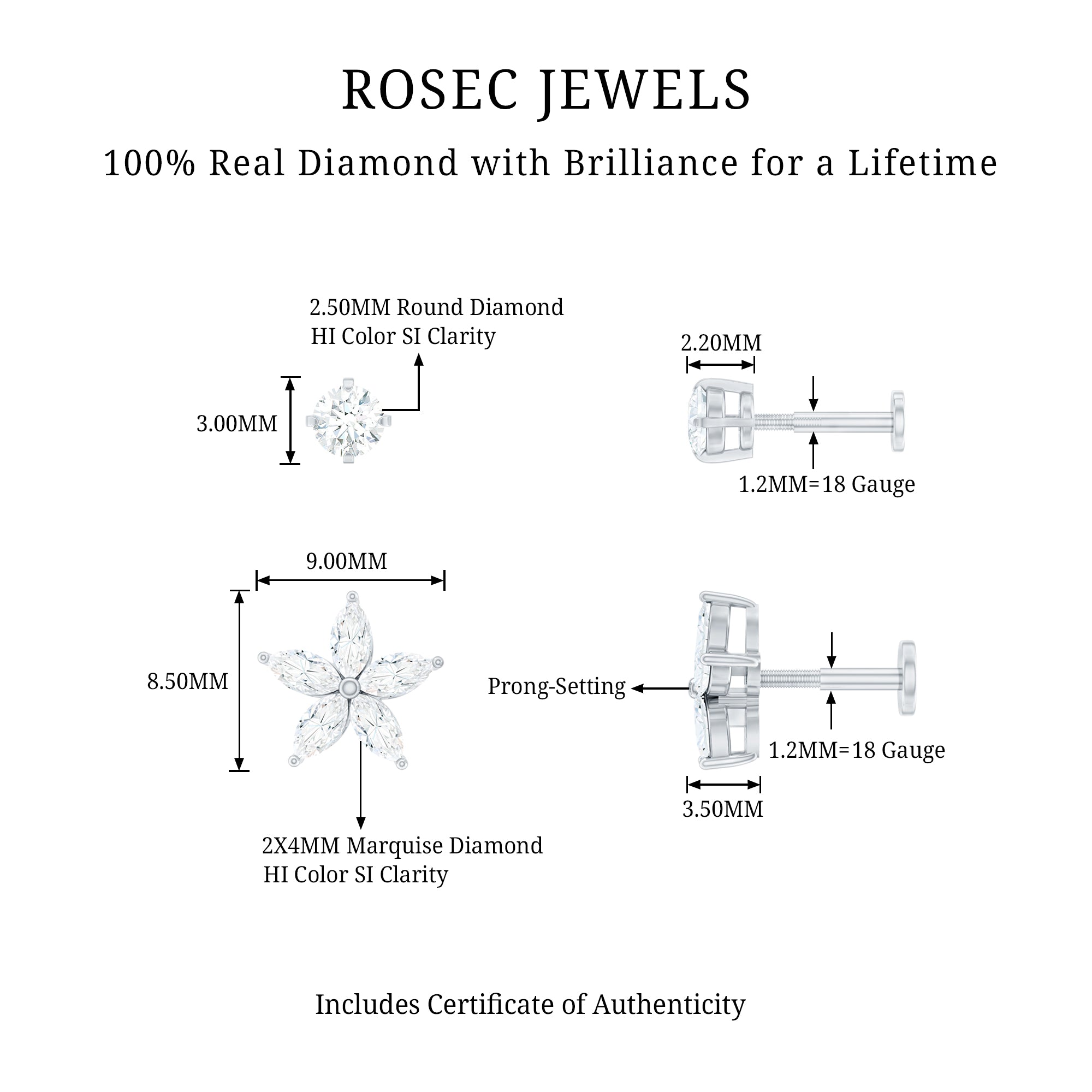 Marquise Diamond Flower Cartilage Earring Set Natural - ( HI-SI ) - Rosec Jewels