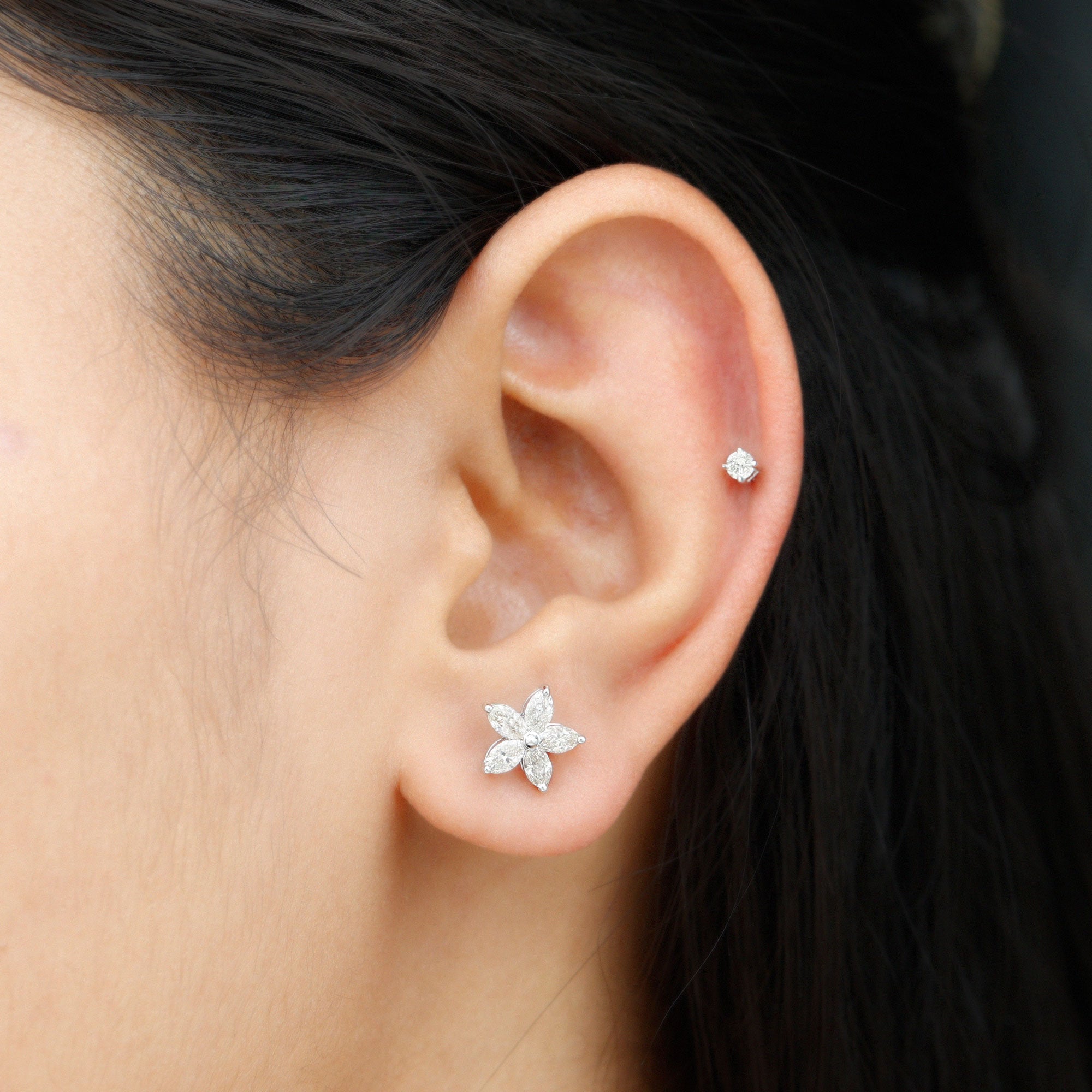 Marquise Diamond Flower Cartilage Earring Set Natural - ( HI-SI ) - Rosec Jewels