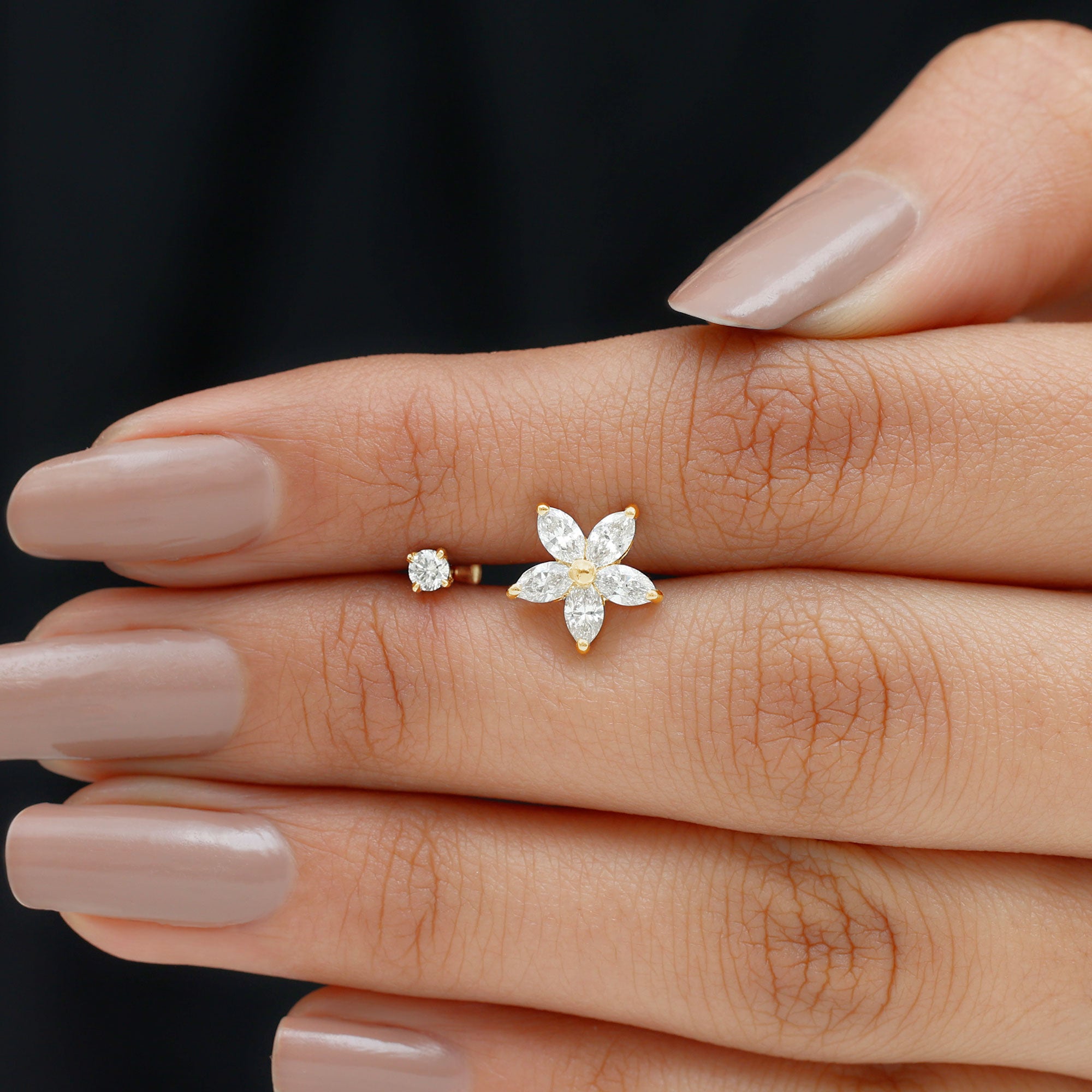 Marquise Diamond Flower Cartilage Earring Set Natural - ( HI-SI ) - Rosec Jewels