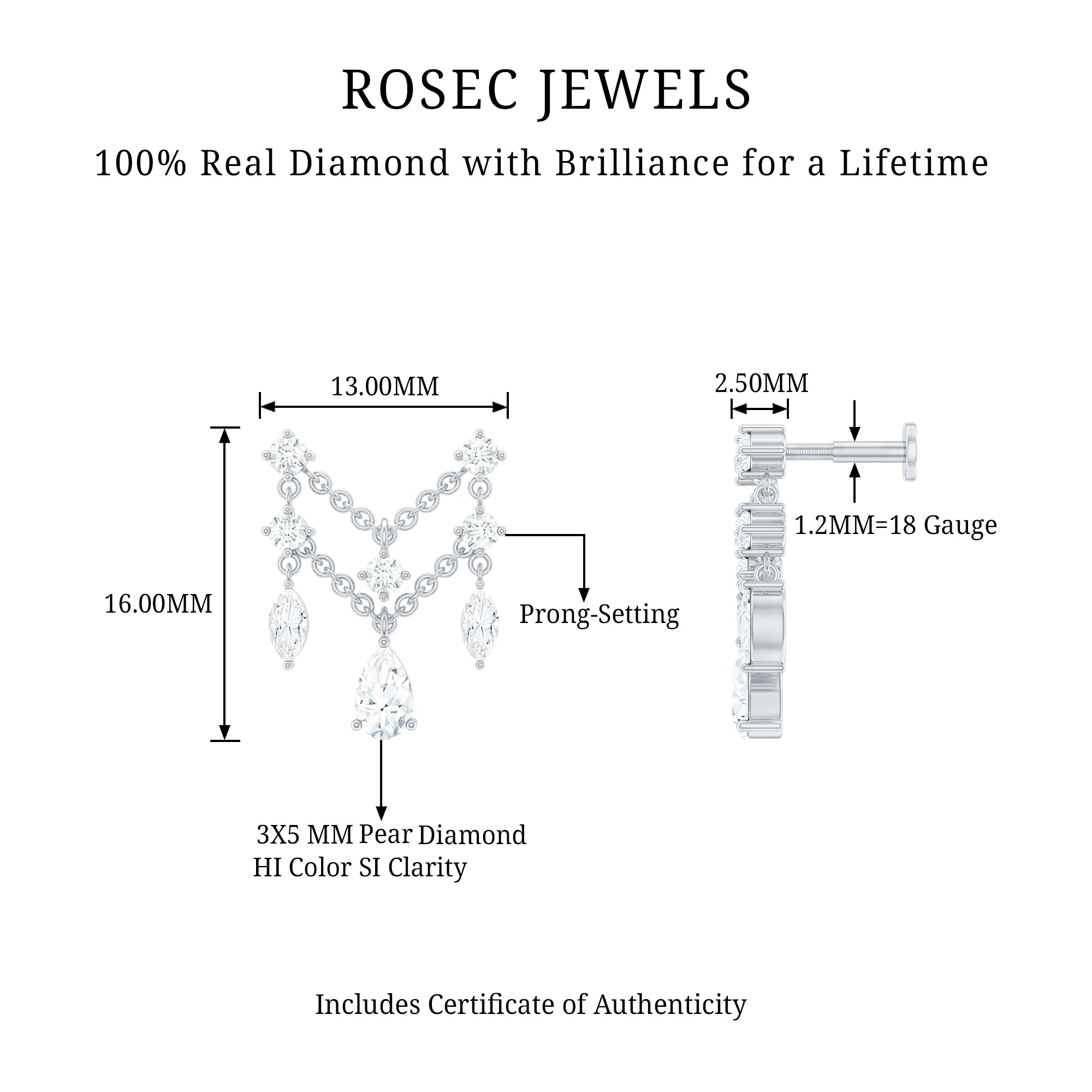 Brilliant Cut Diamond Double Chain Drop Earring for Cartilage Piercing Natural - ( HI-SI ) - Rosec Jewels