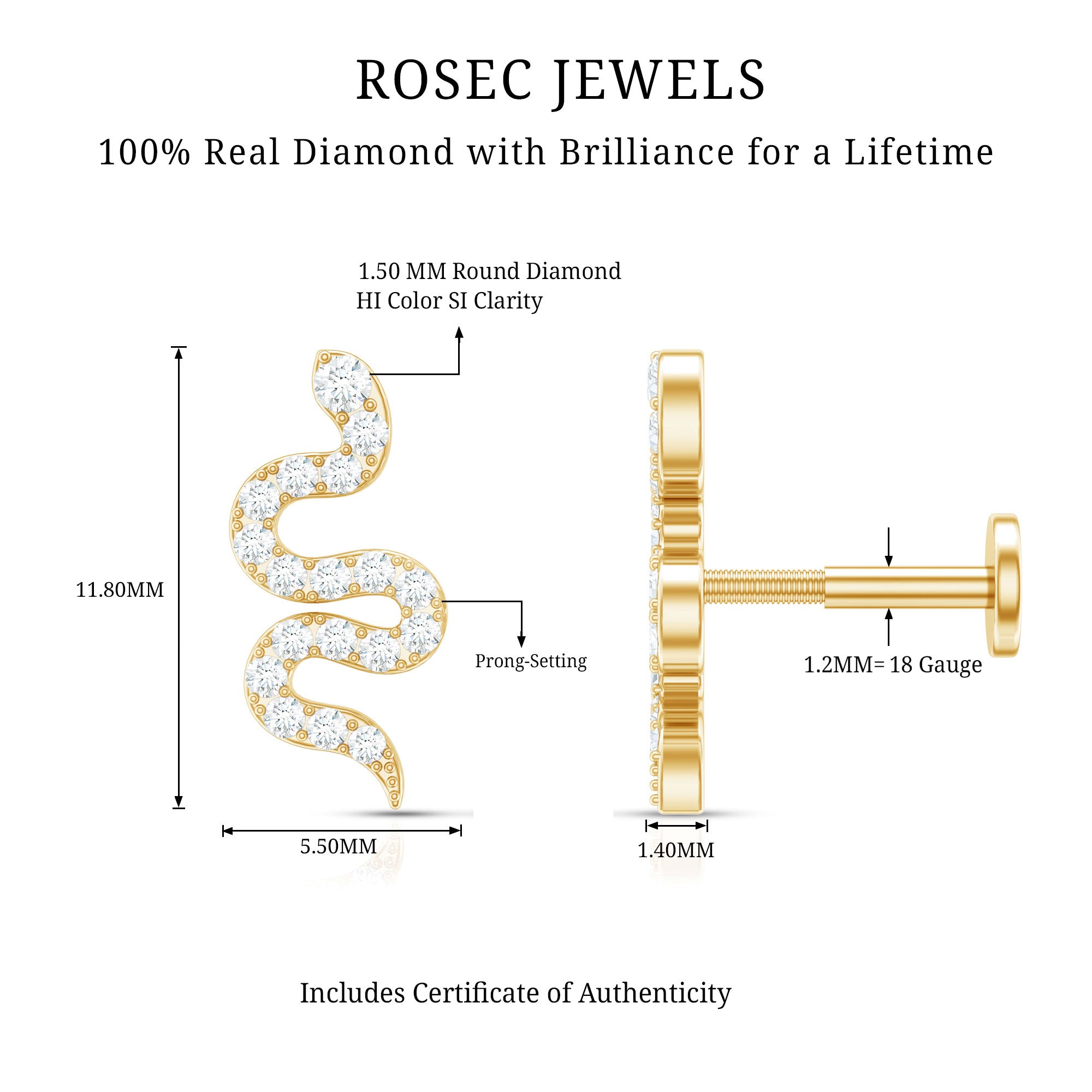 Certified Diamond Snake Earring for Cartilage Piercing Natural - ( HI-SI ) - Rosec Jewels
