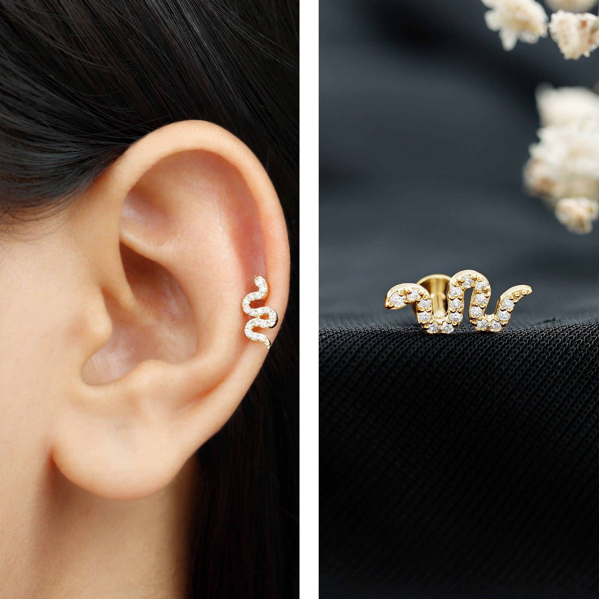 Certified Diamond Snake Earring for Cartilage Piercing Natural - ( HI-SI ) - Rosec Jewels