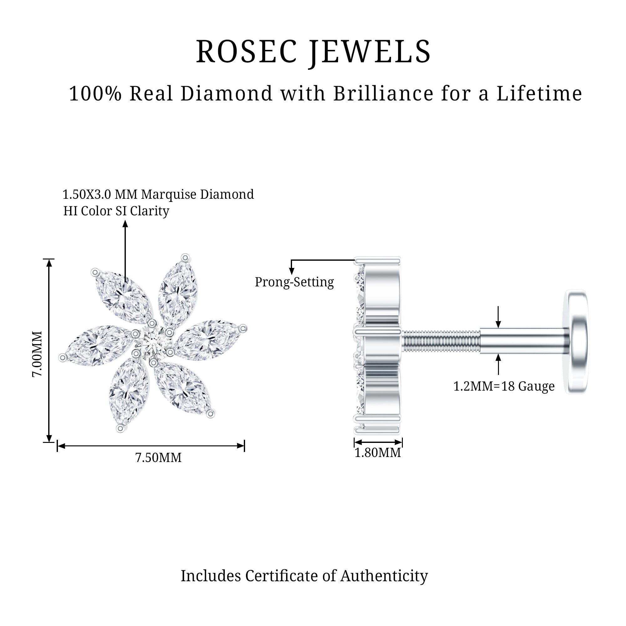 Sparkling Marquise Diamond Flower Helix Earring Natural - ( HI-SI ) - Rosec Jewels