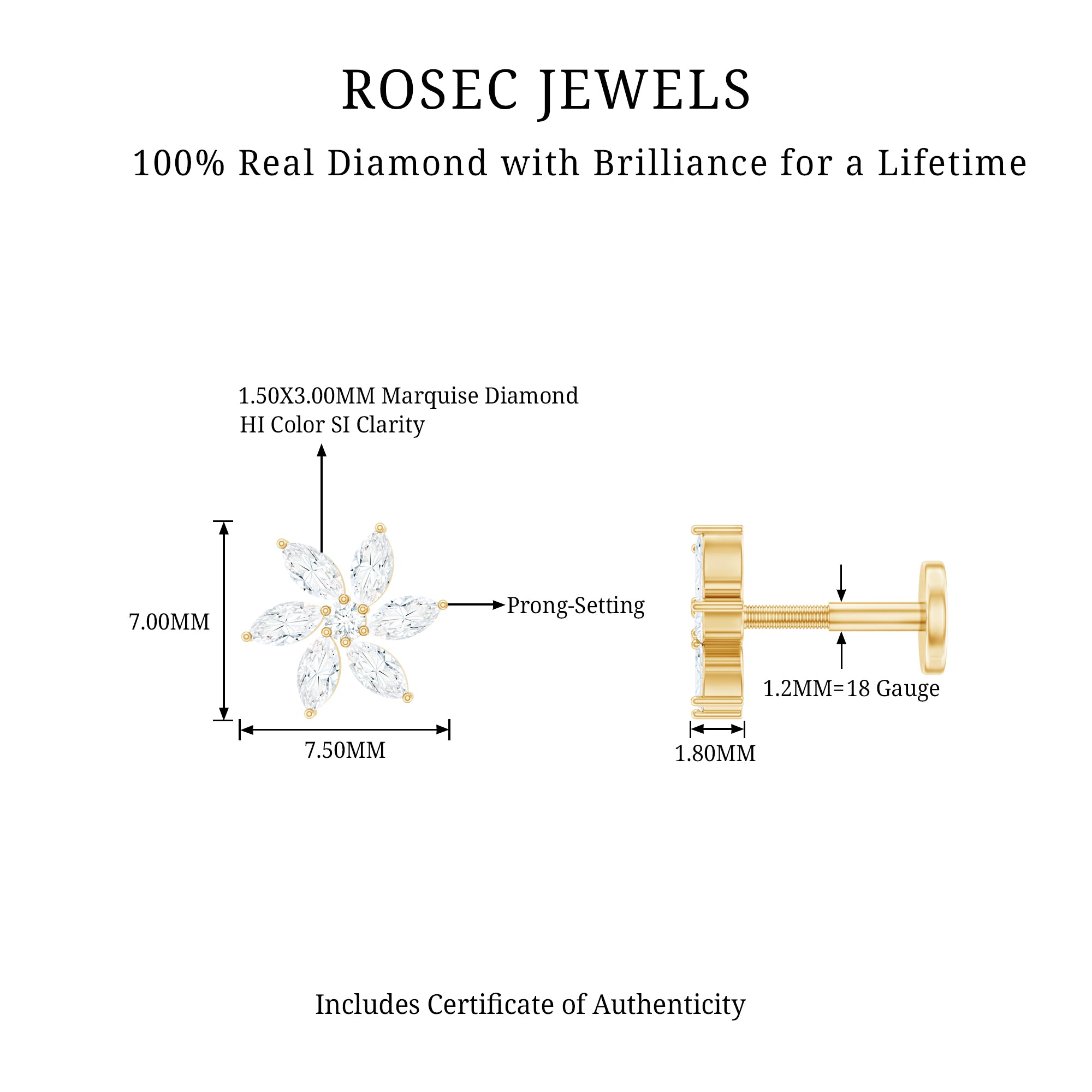 Sparkling Marquise Diamond Flower Helix Earring Natural - ( HI-SI ) - Rosec Jewels