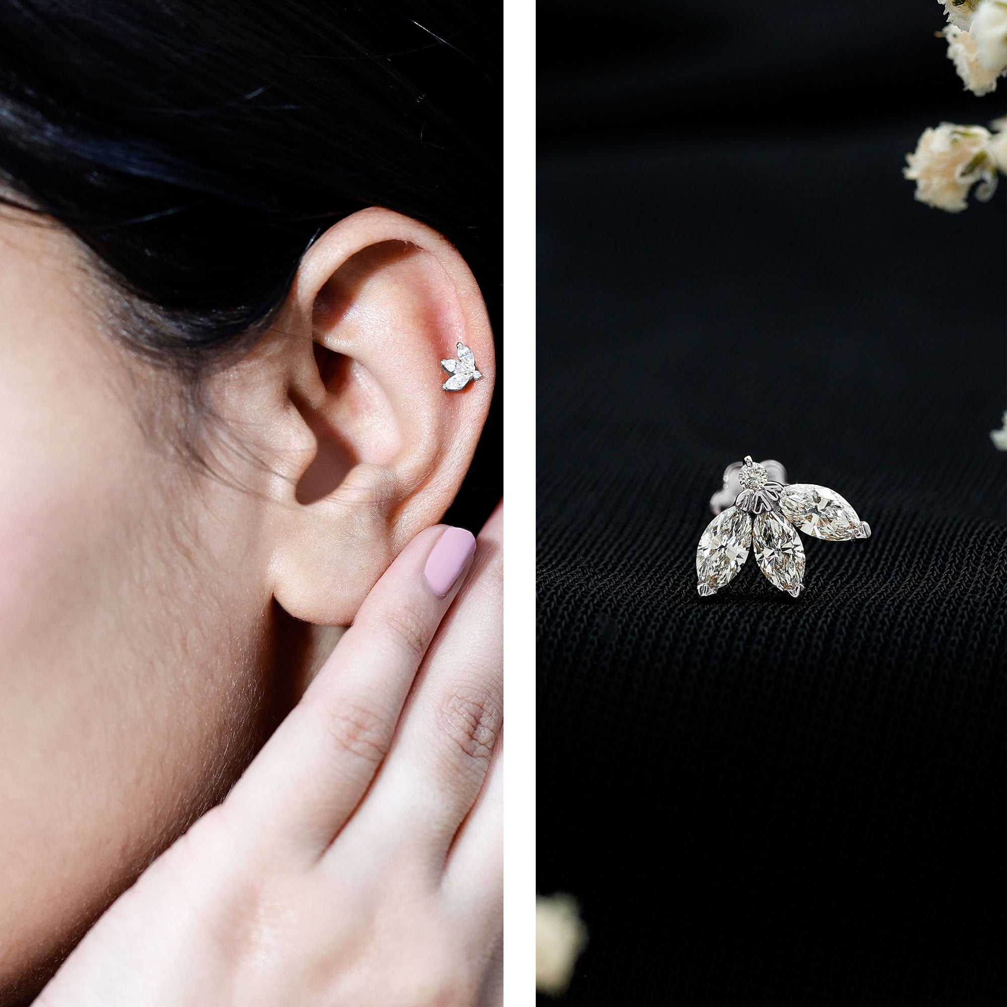 Marquise Cut Diamond Lotus Flower Earring for Cartilage Piercing Natural - ( HI-SI ) - Rosec Jewels