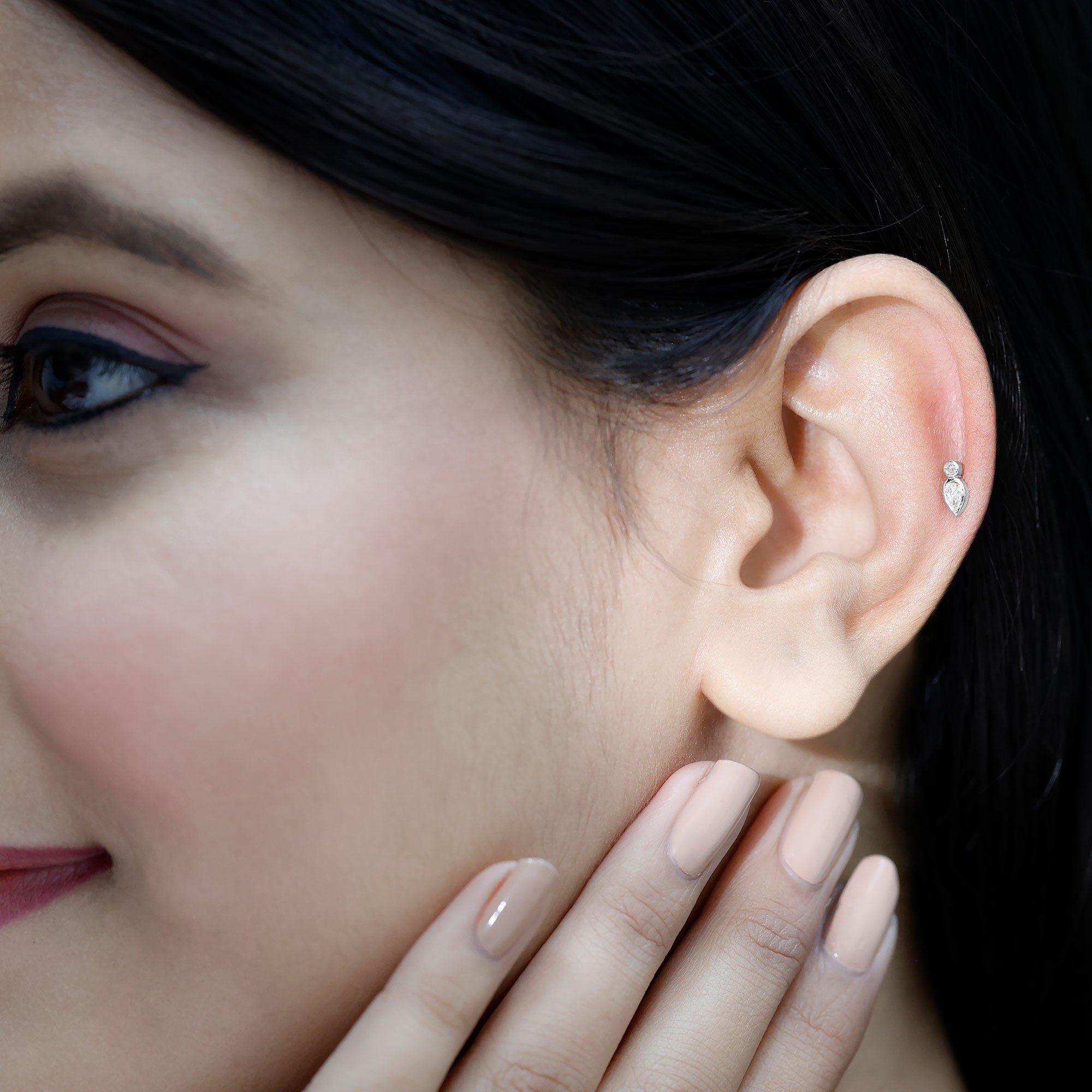 Pear Shape Diamond Two Stone Helix Earring Natural - ( HI-SI ) - Rosec Jewels