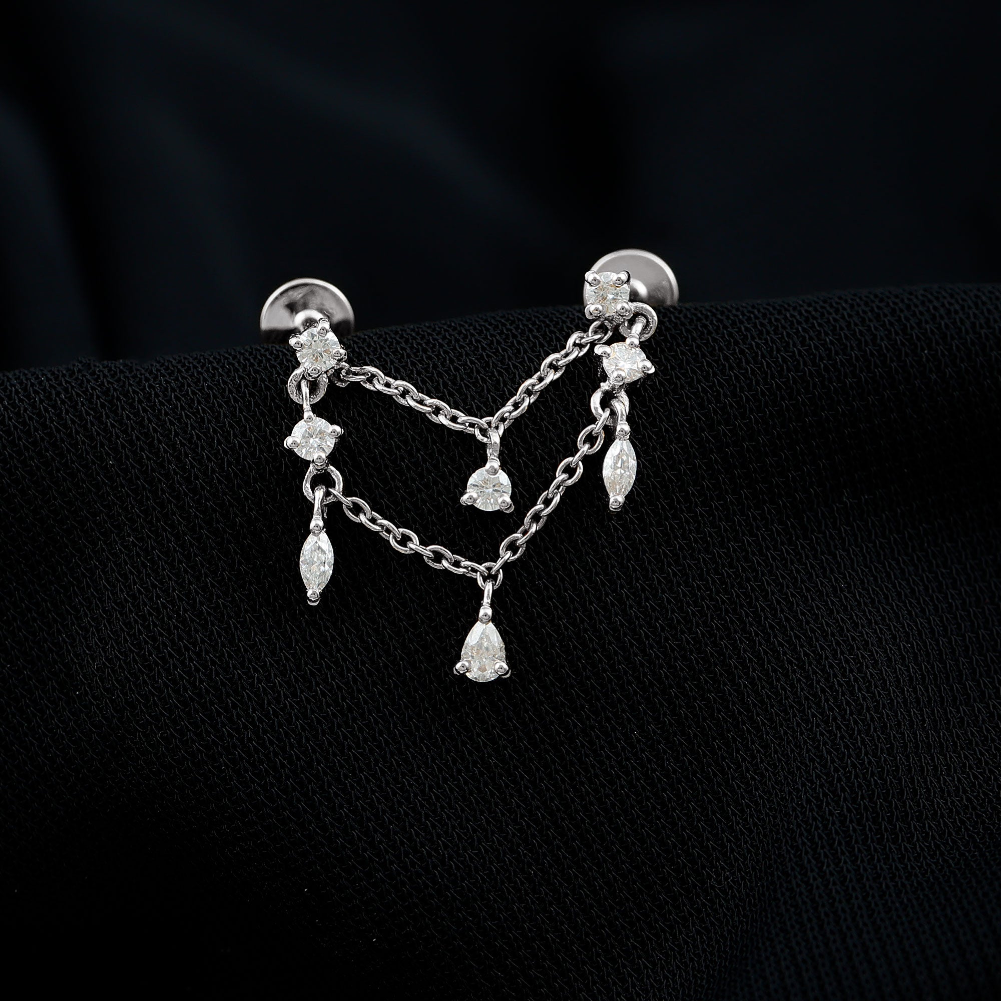 Real Diamond Double Chain Earring for Cartilage Piercing Natural - ( HI-SI ) - Rosec Jewels