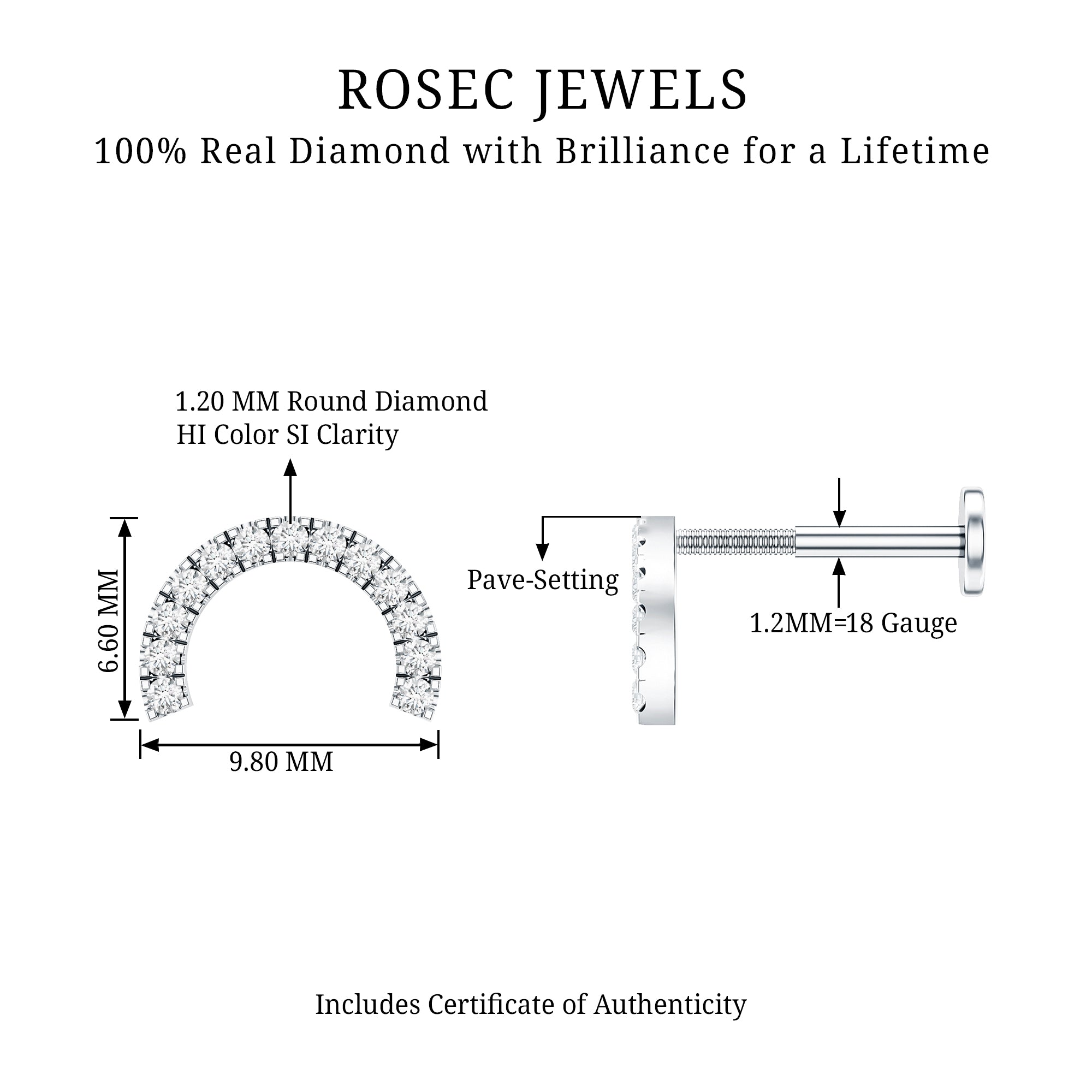 Certified Diamond Half Circle Earring for Piercing Natural - ( HI-SI ) - Rosec Jewels