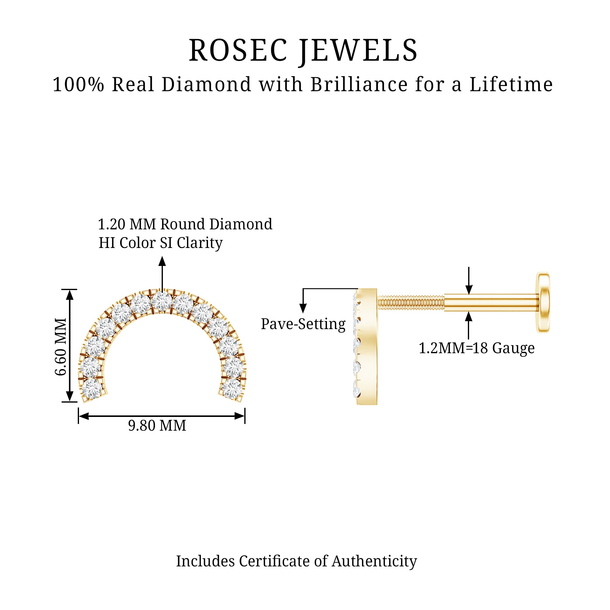Certified Diamond Half Circle Earring for Piercing Natural - ( HI-SI ) - Rosec Jewels