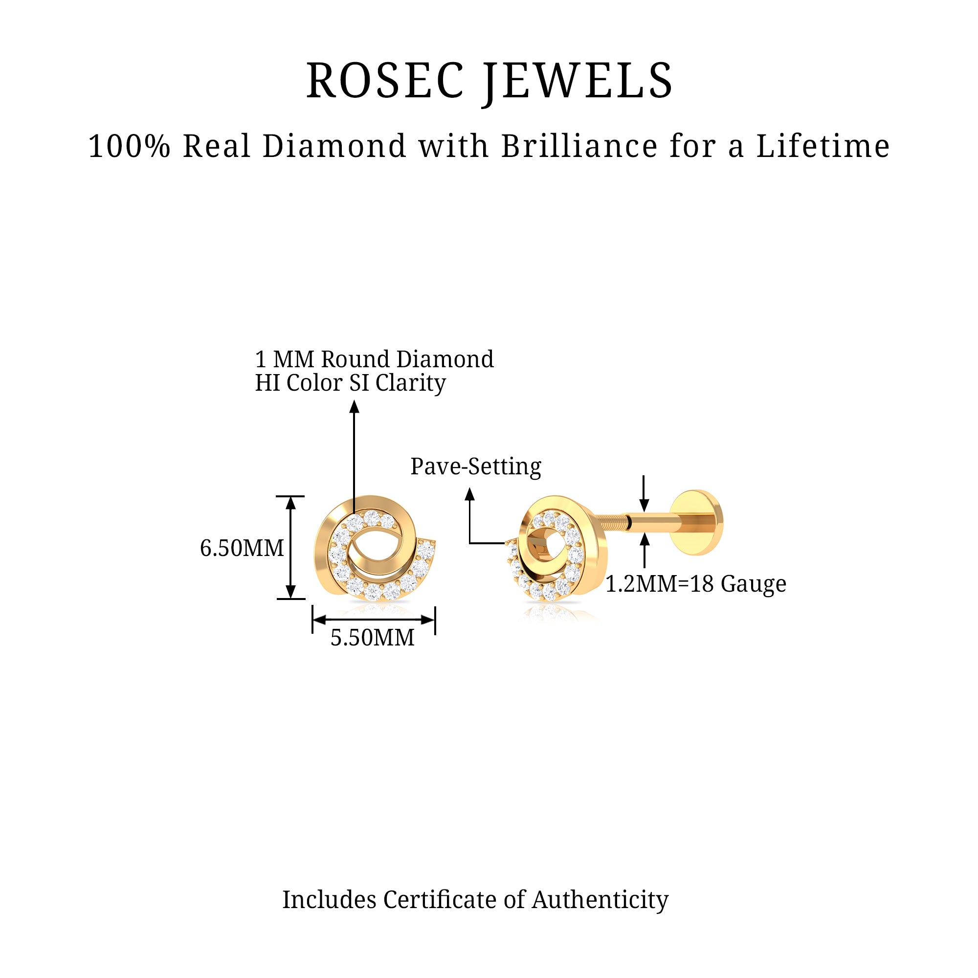 Certified Diamond Spiral Earring for Cartilage Piercing Natural - ( HI-SI ) - Rosec Jewels