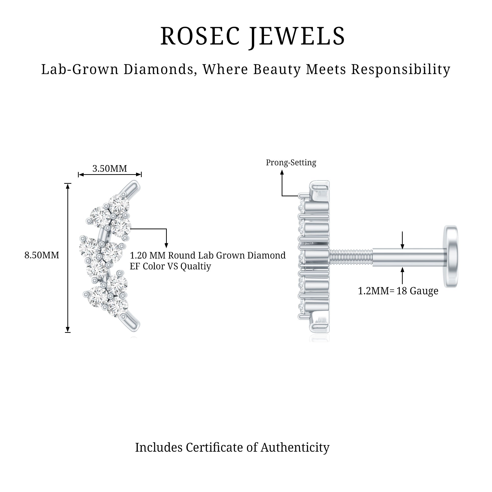Natural Round Diamond Cluster Curved Helix Earring Lab - ( EF-VS ) - Rosec Jewels