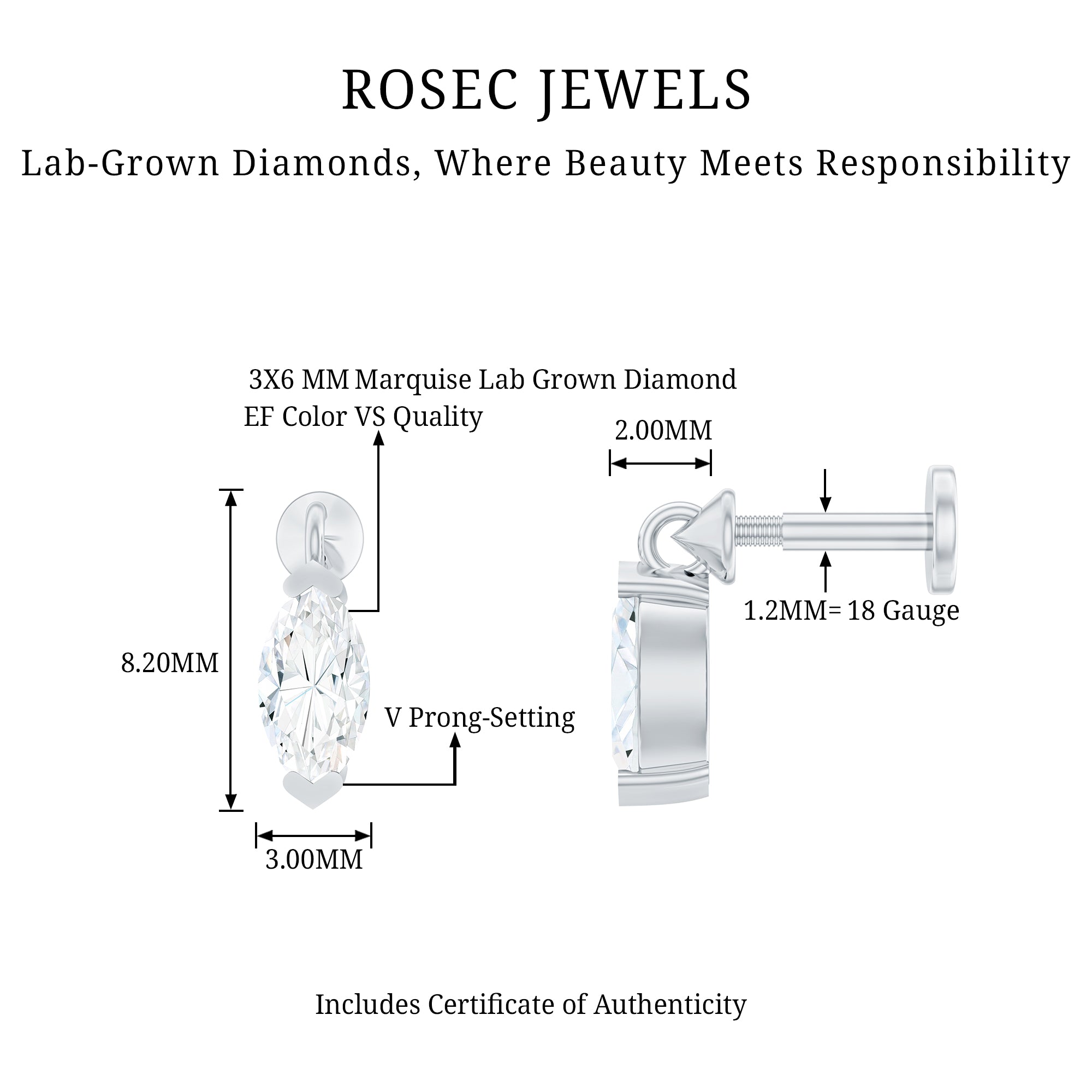 Marquise Diamond Cartilage Dangle Earring Lab - ( EF-VS ) - Rosec Jewels