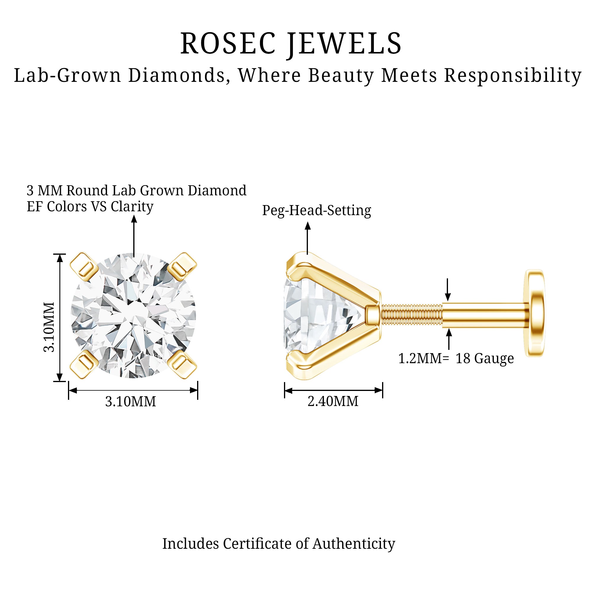 Minimalist Peg Head Set Diamond Nose Pin Stud Lab - ( EF-VS ) - Rosec Jewels