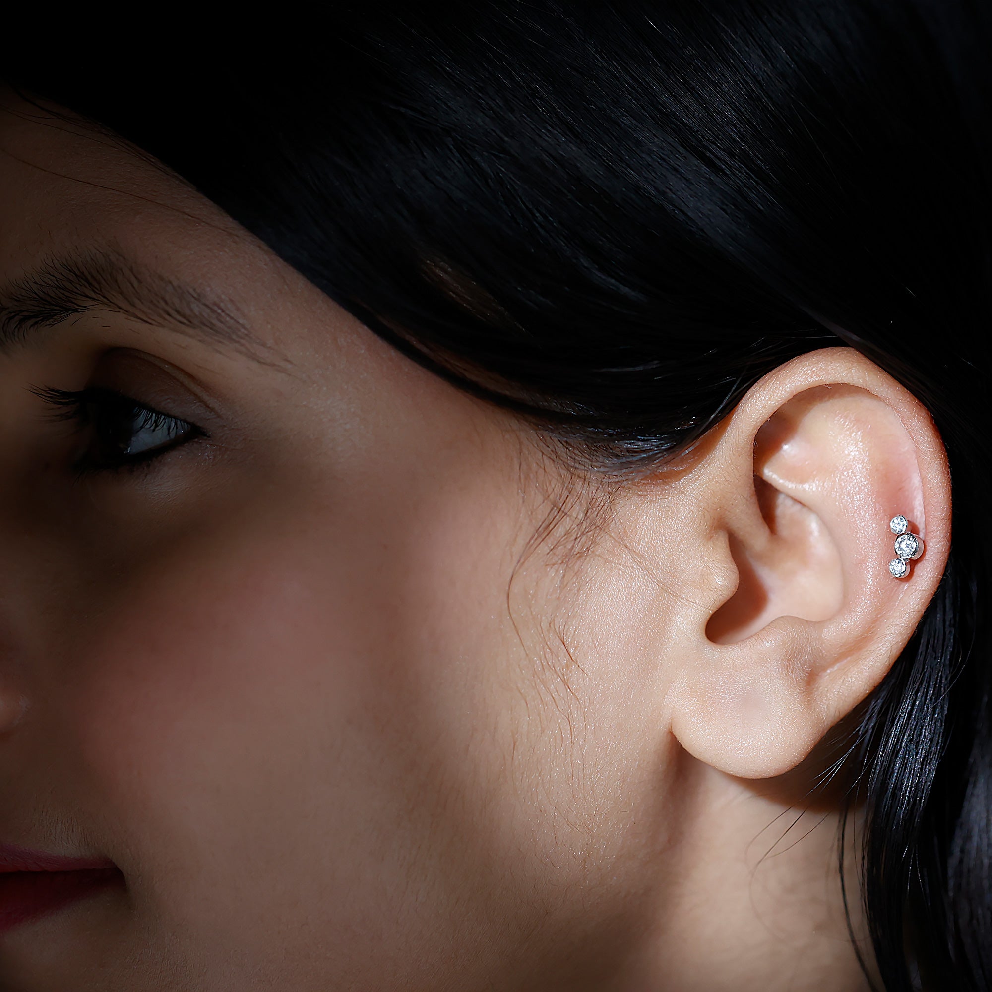Bezel Set Diamond Three Stone Earring for Helix Piercing Lab - ( EF-VS ) - Rosec Jewels