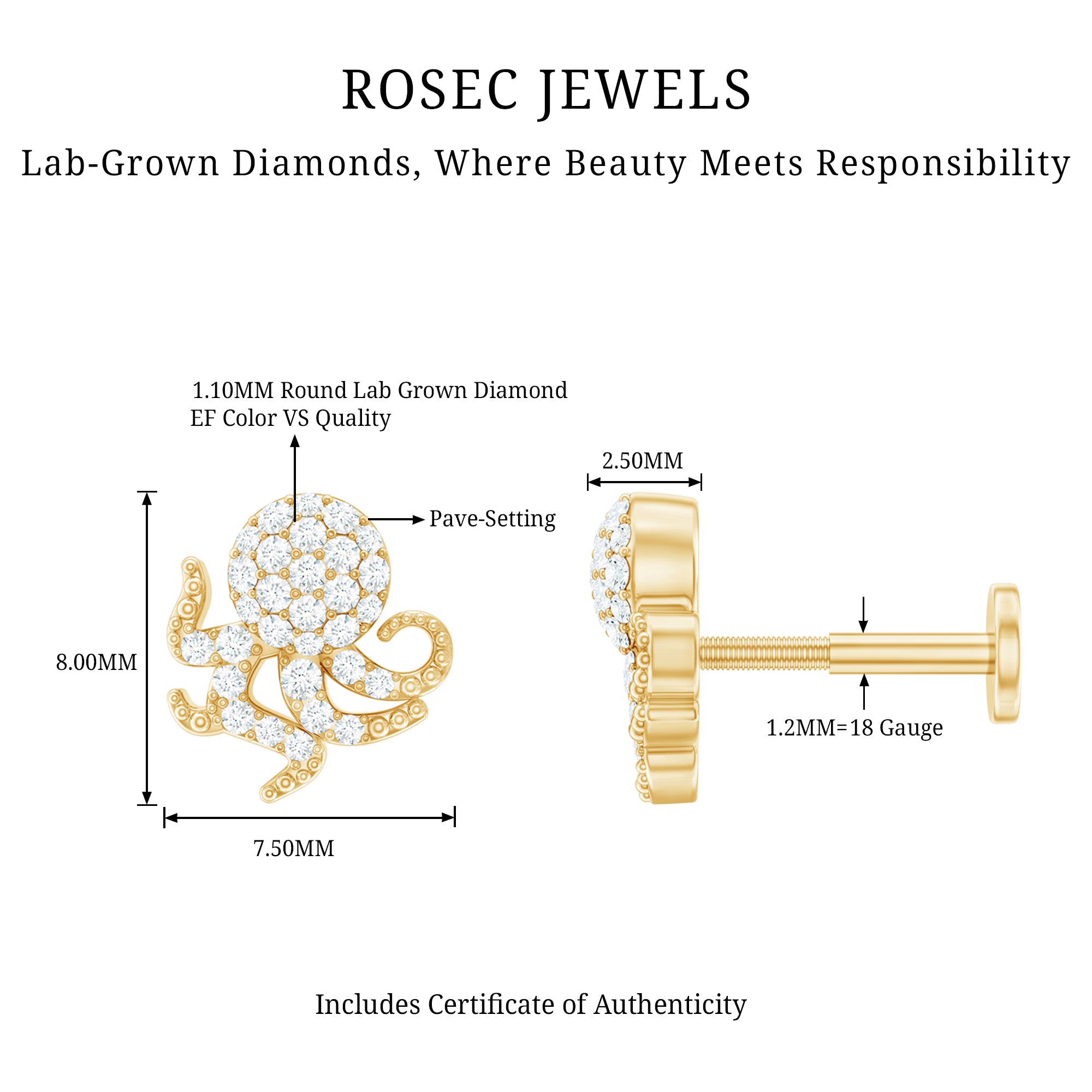 Diamond Octopus Earring with Flat Back Lab - ( EF-VS ) - Rosec Jewels
