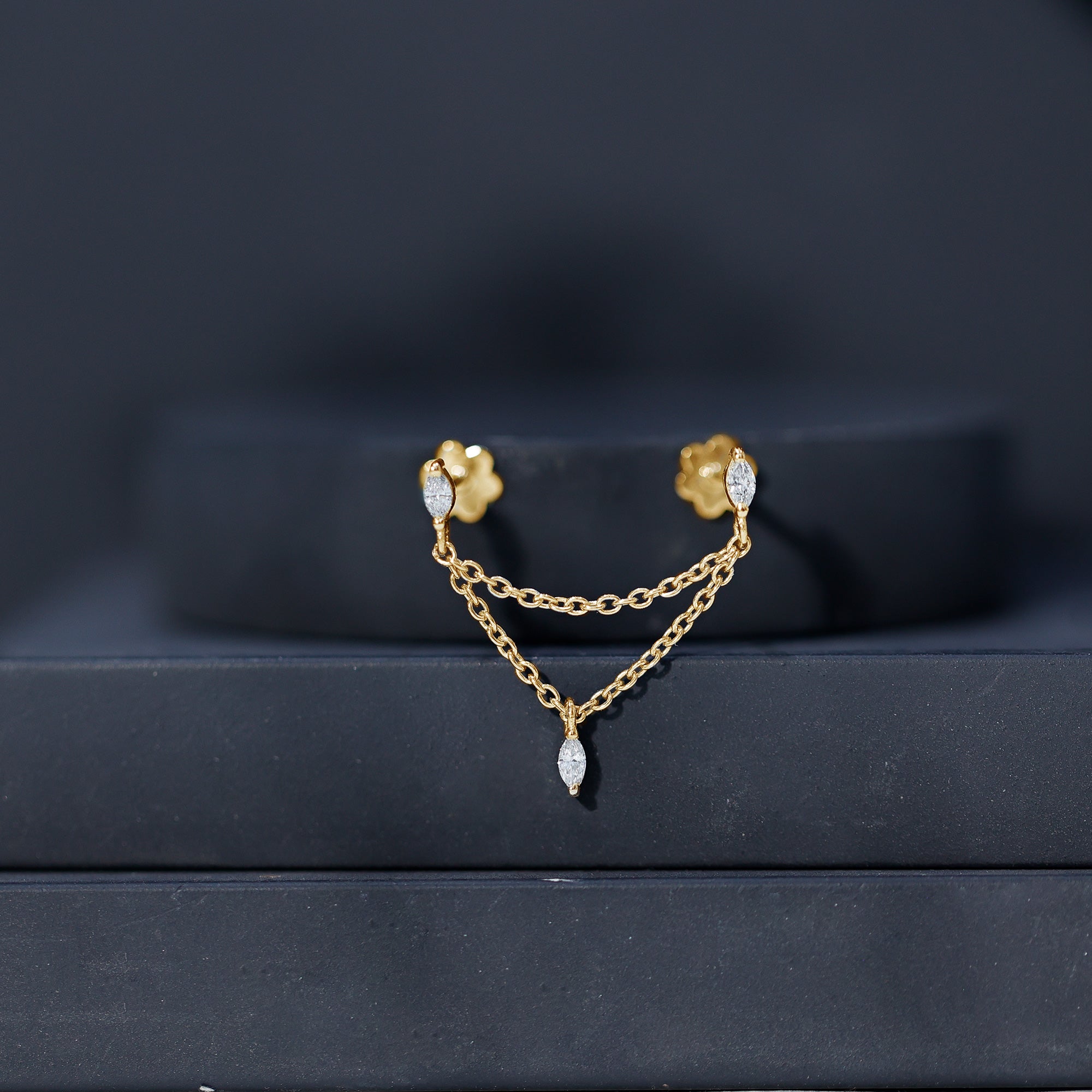 Marquise Diamond Double Piercing Earring with Dangling Chain Lab - ( EF-VS ) - Rosec Jewels