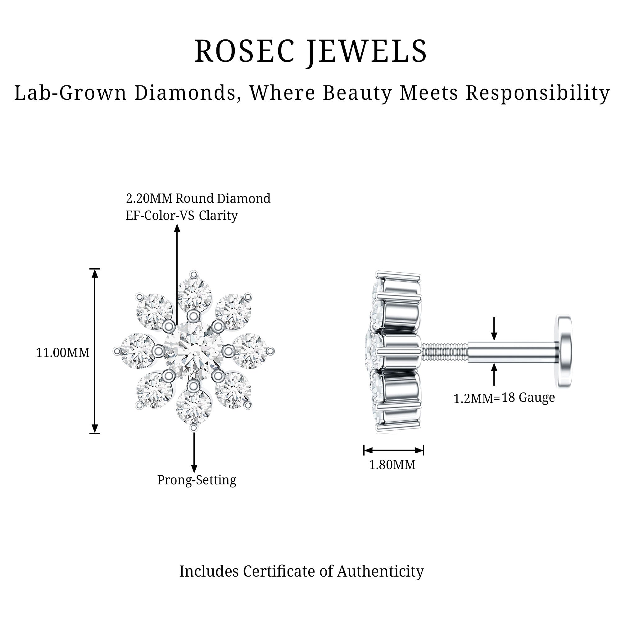 Sparkling Diamond Flower Cartilage Earring with Flat Back Lab - ( EF-VS ) - Rosec Jewels