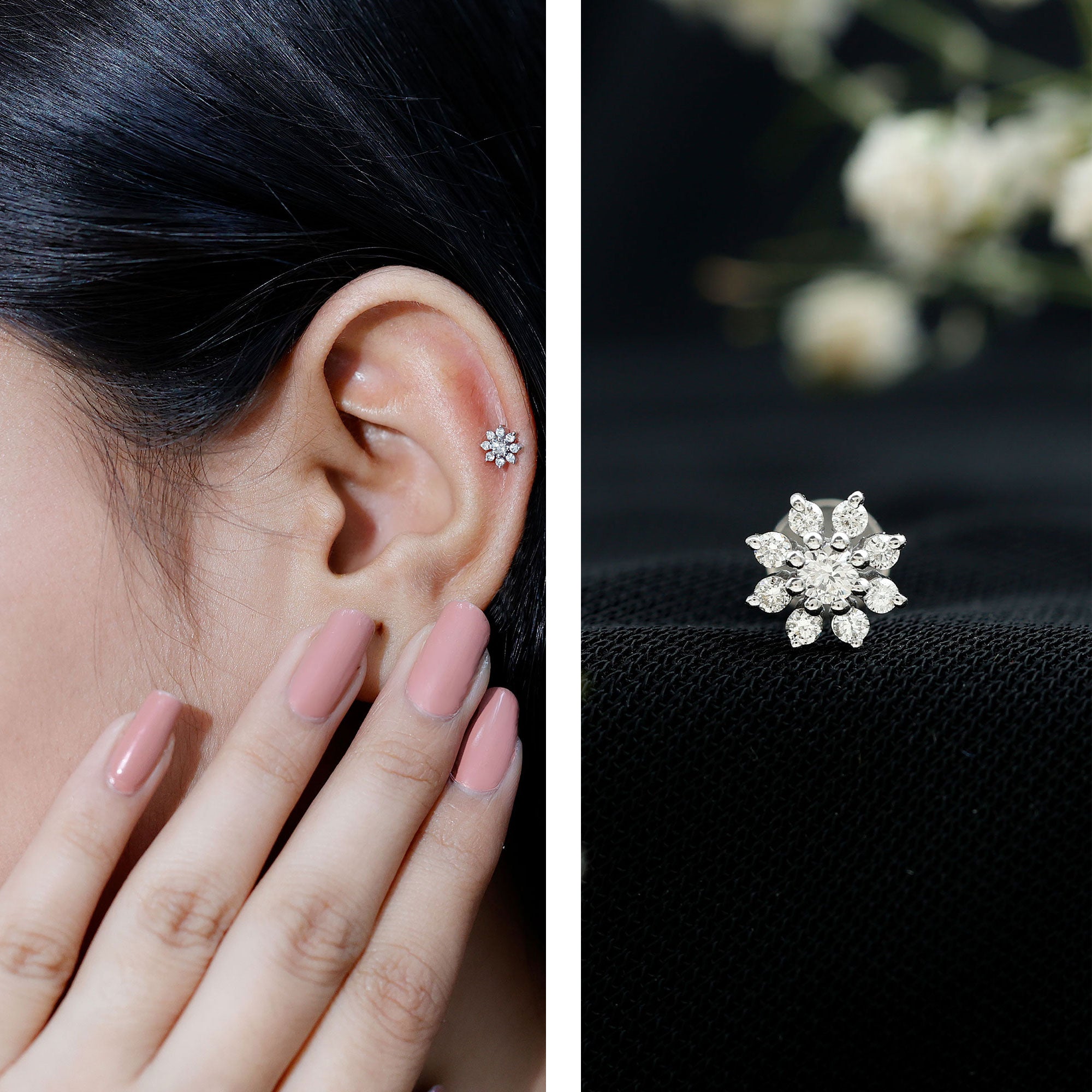 Sparkling Diamond Flower Cartilage Earring with Flat Back Lab - ( EF-VS ) - Rosec Jewels