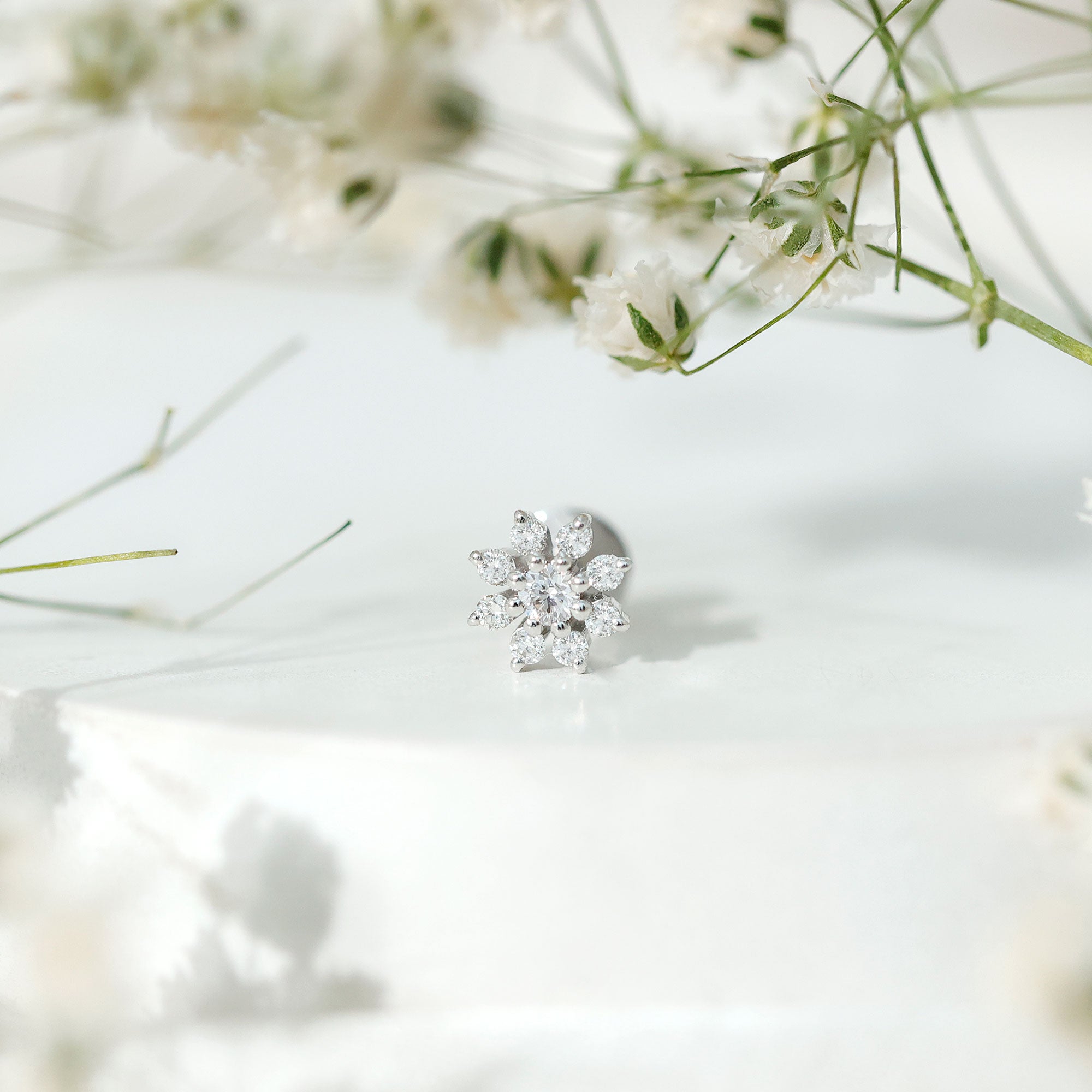 Sparkling Diamond Flower Cartilage Earring with Flat Back Lab - ( EF-VS ) - Rosec Jewels