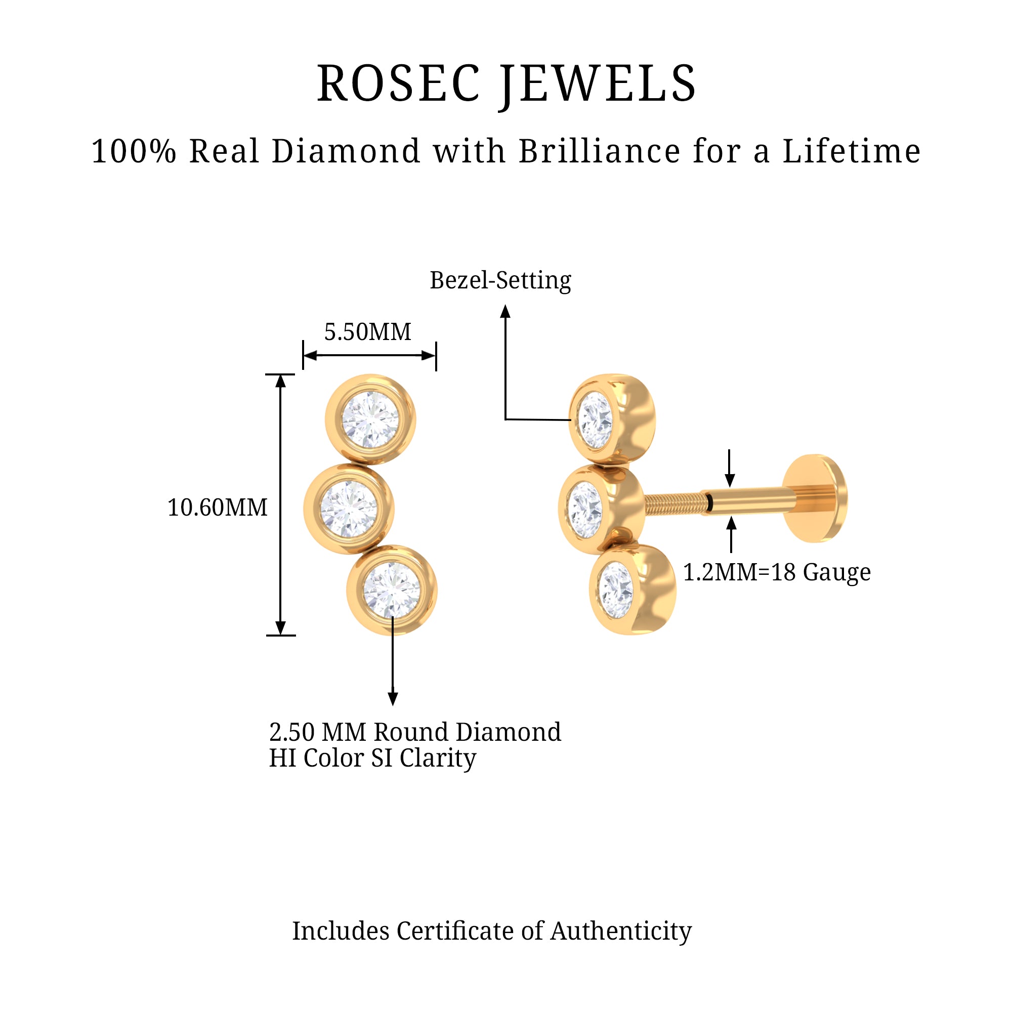 Three Diamond Curved Helix Earring in Bezel Setting Lab - ( EF-VS ) - Rosec Jewels