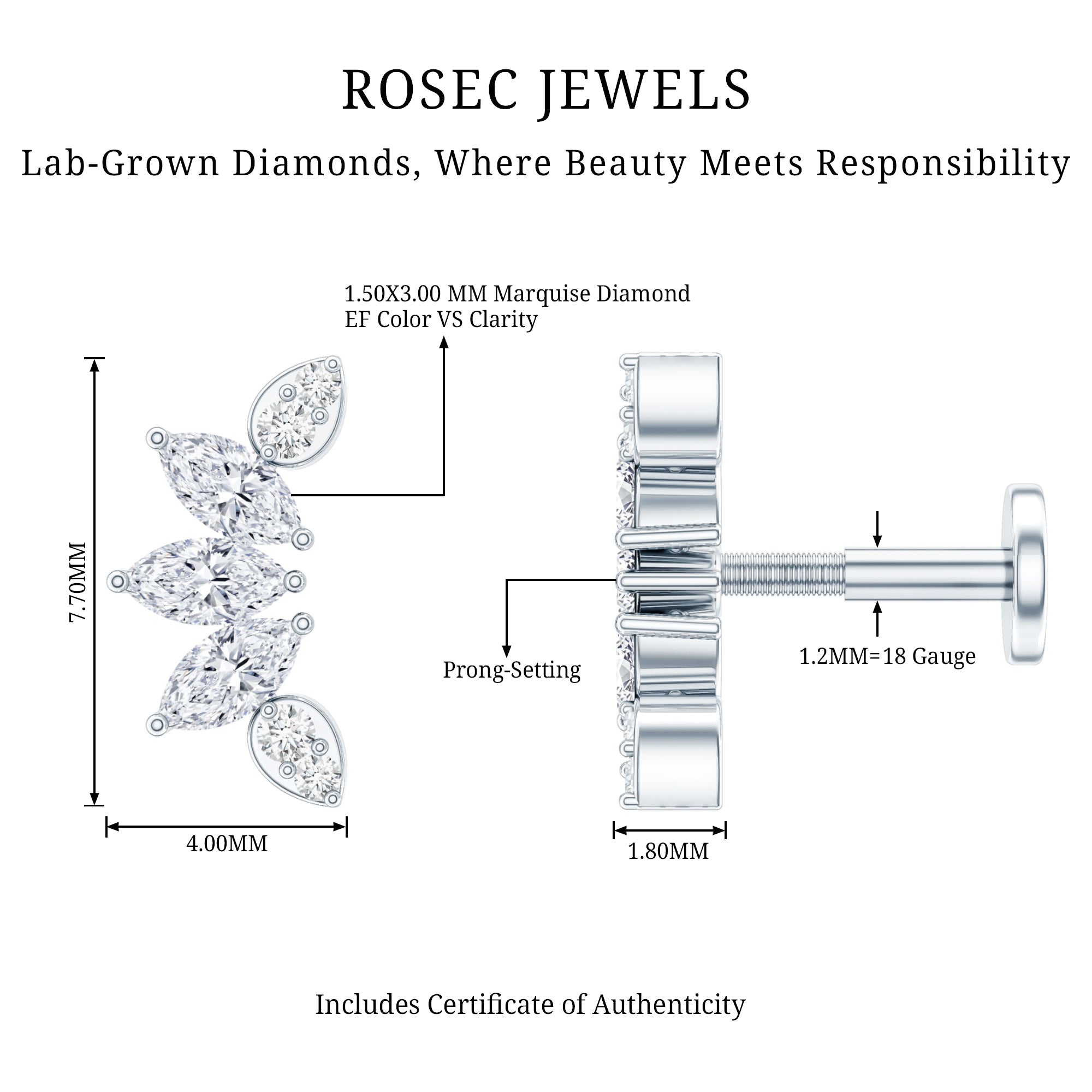 Marquise Diamond Leaf Crawler Earring for Helix Piercing Lab - ( EF-VS ) - Rosec Jewels