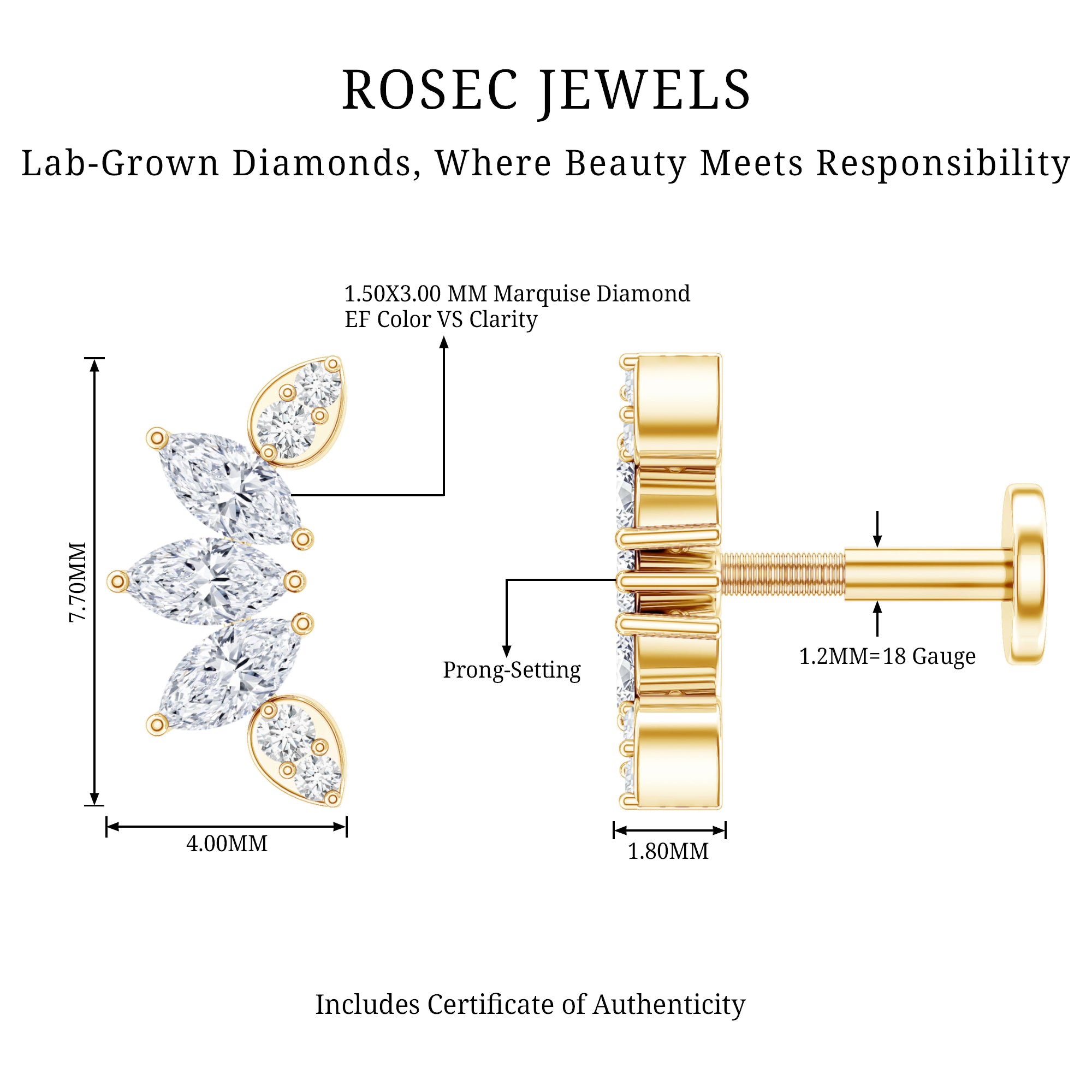 Marquise Diamond Leaf Crawler Earring for Helix Piercing Lab - ( EF-VS ) - Rosec Jewels