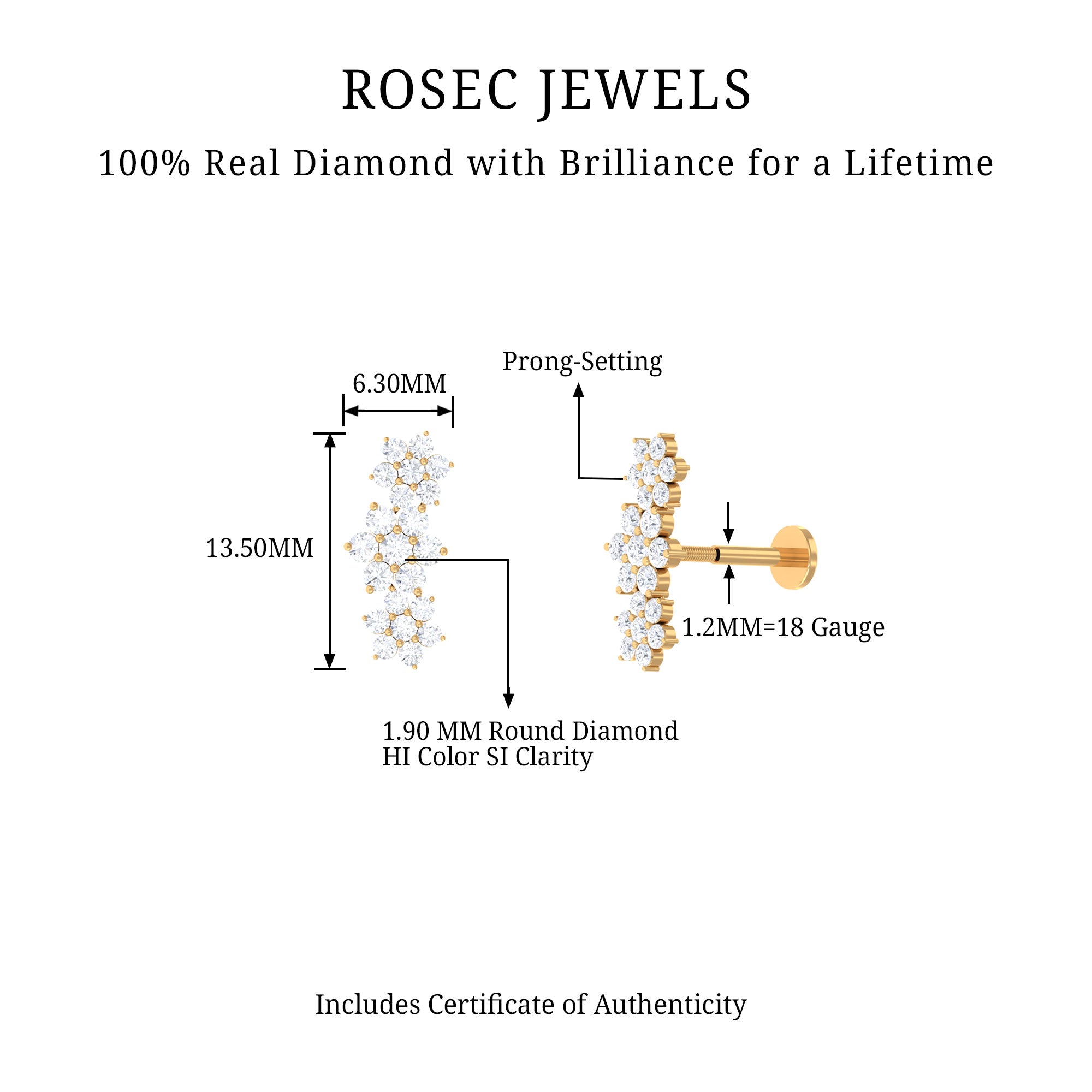 Certified Diamond Flower Crawler Cartilage Earring Lab - ( EF-VS ) - Rosec Jewels