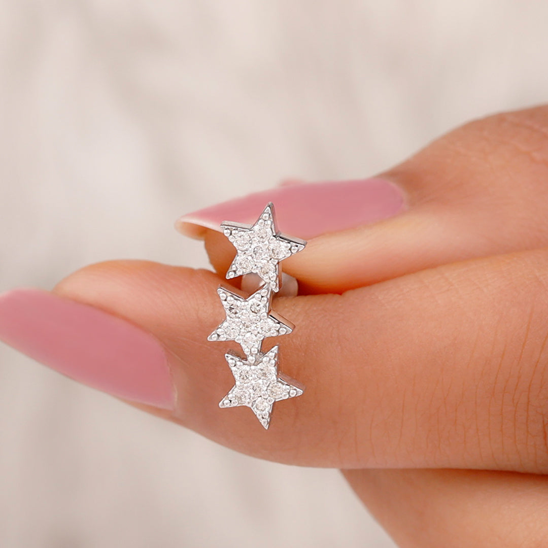 Rosec Jewels-Diamond 3 Star Crawler Earring for Cartilage Piercing