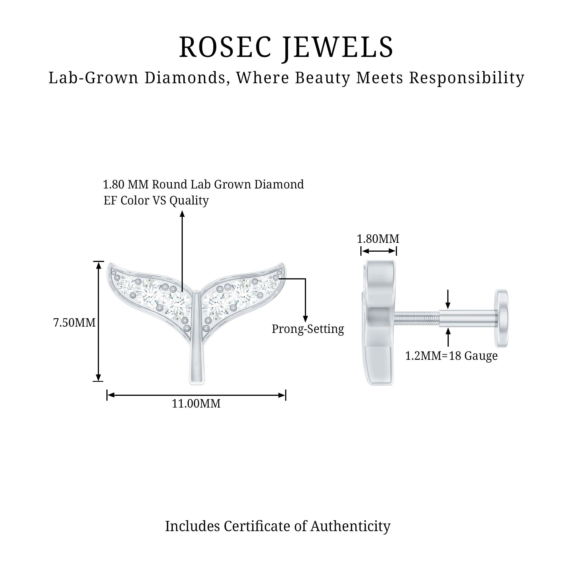 Certified Diamond Whale Tail Earring for Helix Piercing Lab - ( EF-VS ) - Rosec Jewels