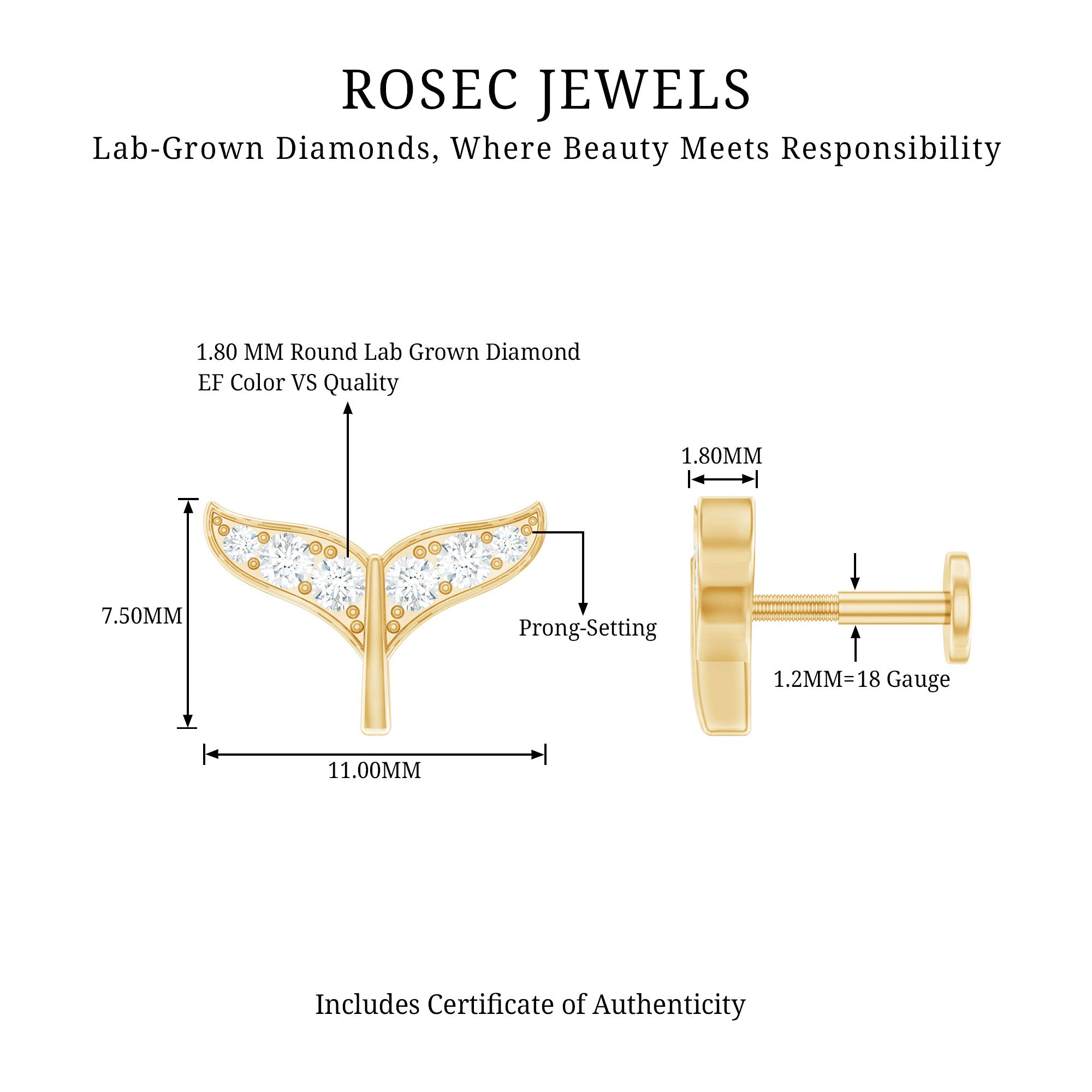 Certified Diamond Whale Tail Earring for Helix Piercing Lab - ( EF-VS ) - Rosec Jewels
