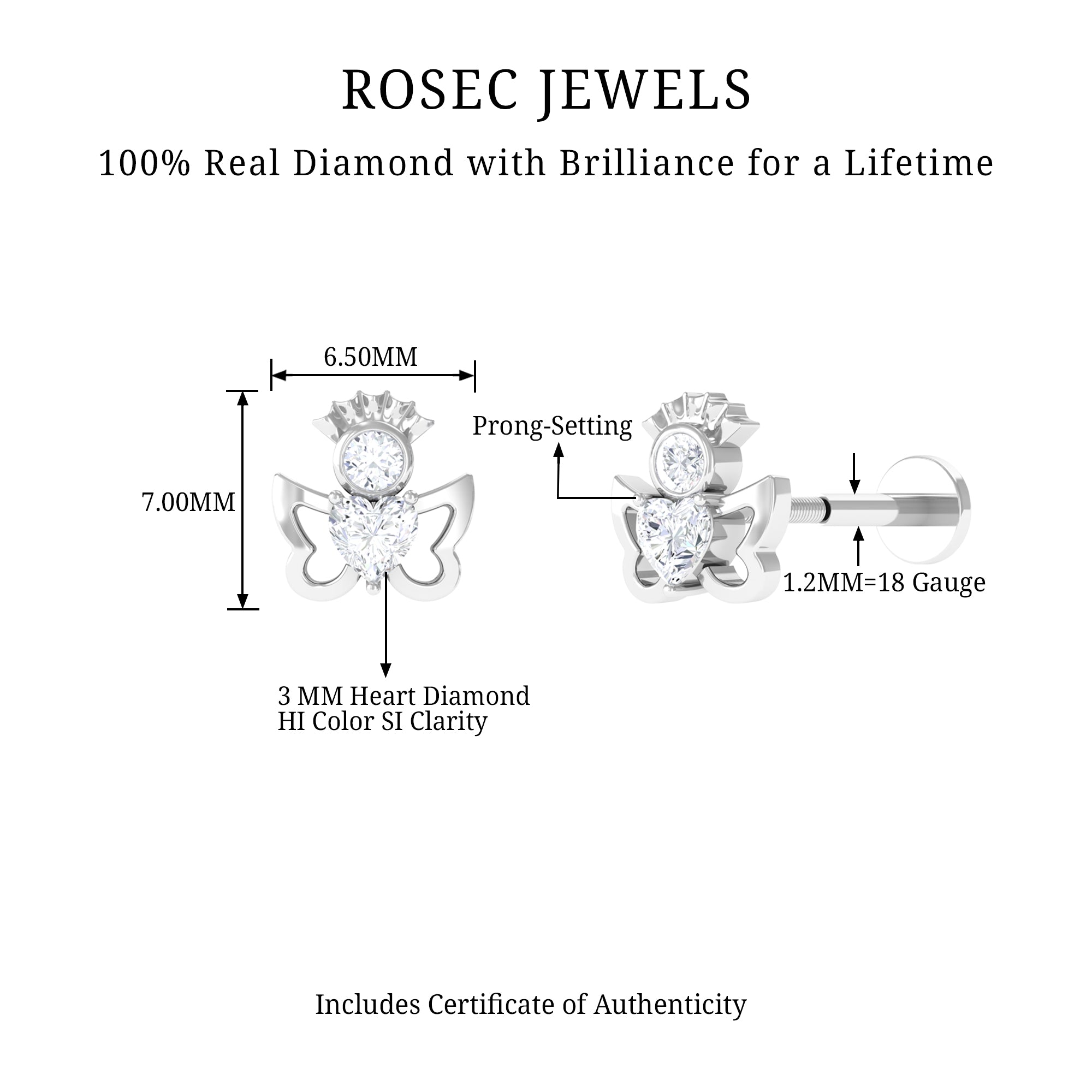 Heart Diamond Angel Earring for Helix Piercing Lab - ( EF-VS ) - Rosec Jewels