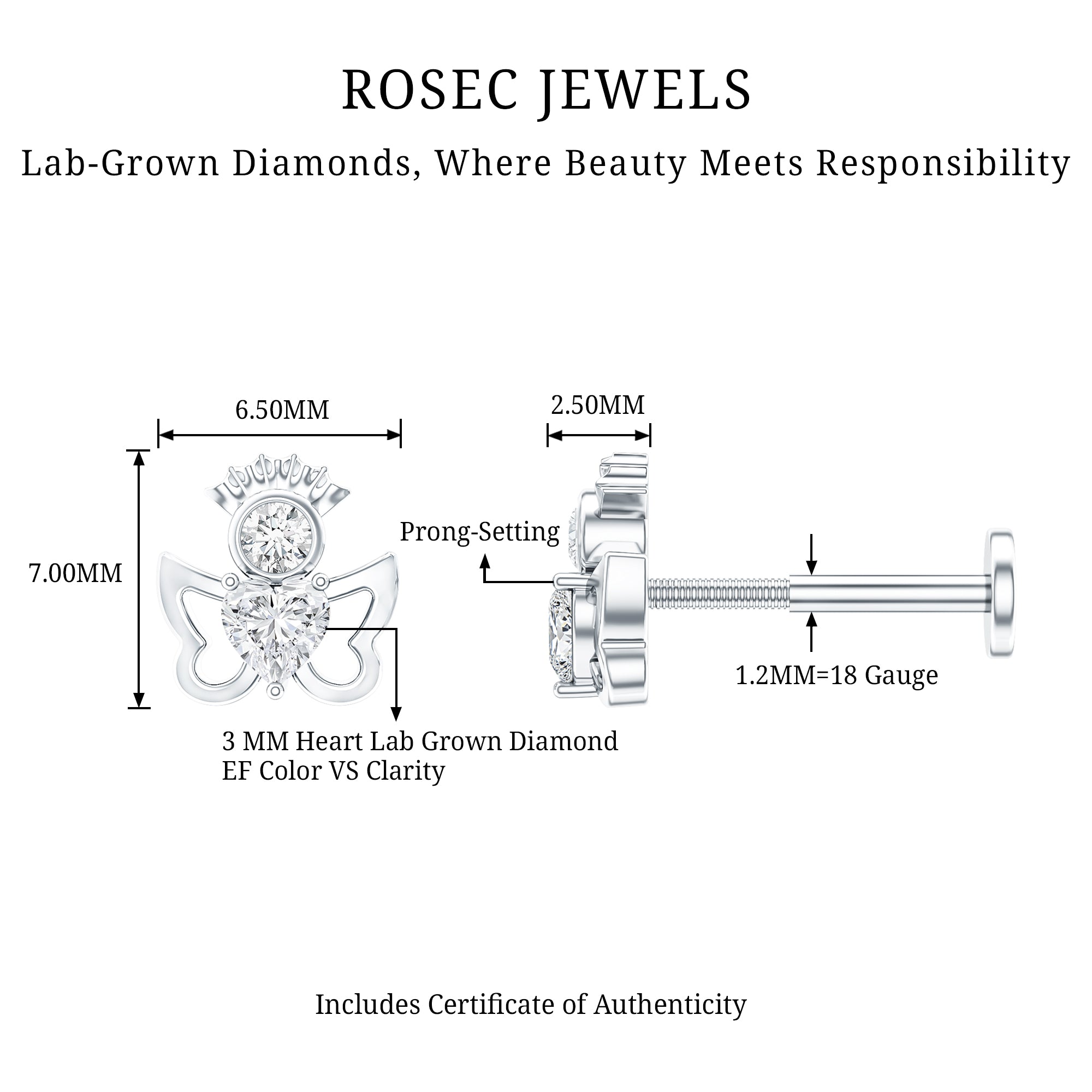 Heart Diamond Angel Earring for Helix Piercing Lab - ( EF-VS ) - Rosec Jewels