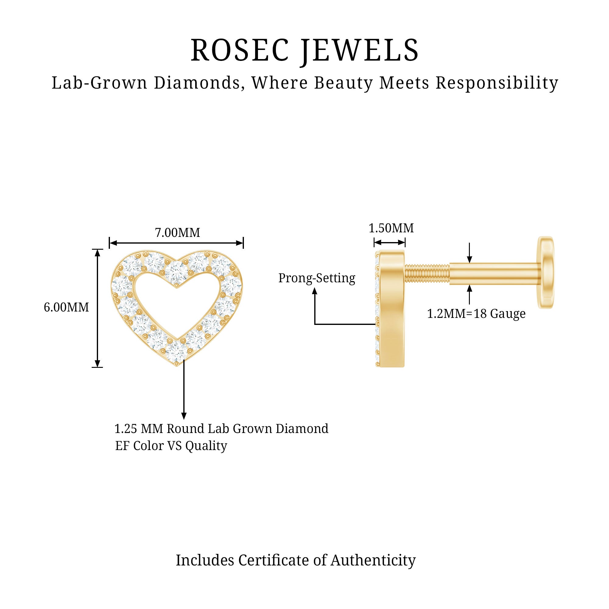 Cute Diamond Open Heart Earring for Helix Piercing Lab - ( EF-VS ) - Rosec Jewels