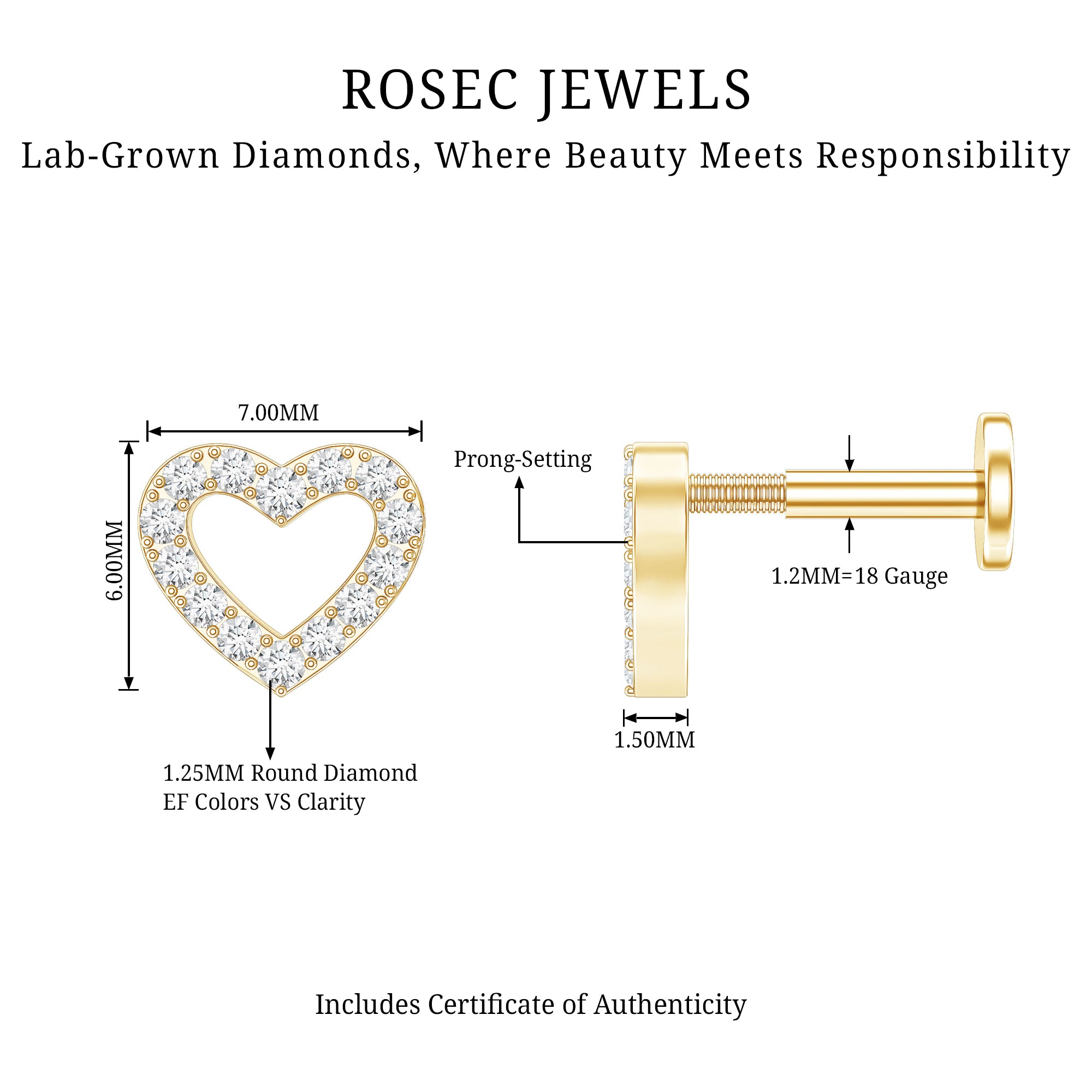Cute Diamond Open Heart Earring for Helix Piercing Lab - ( EF-VS ) - Rosec Jewels